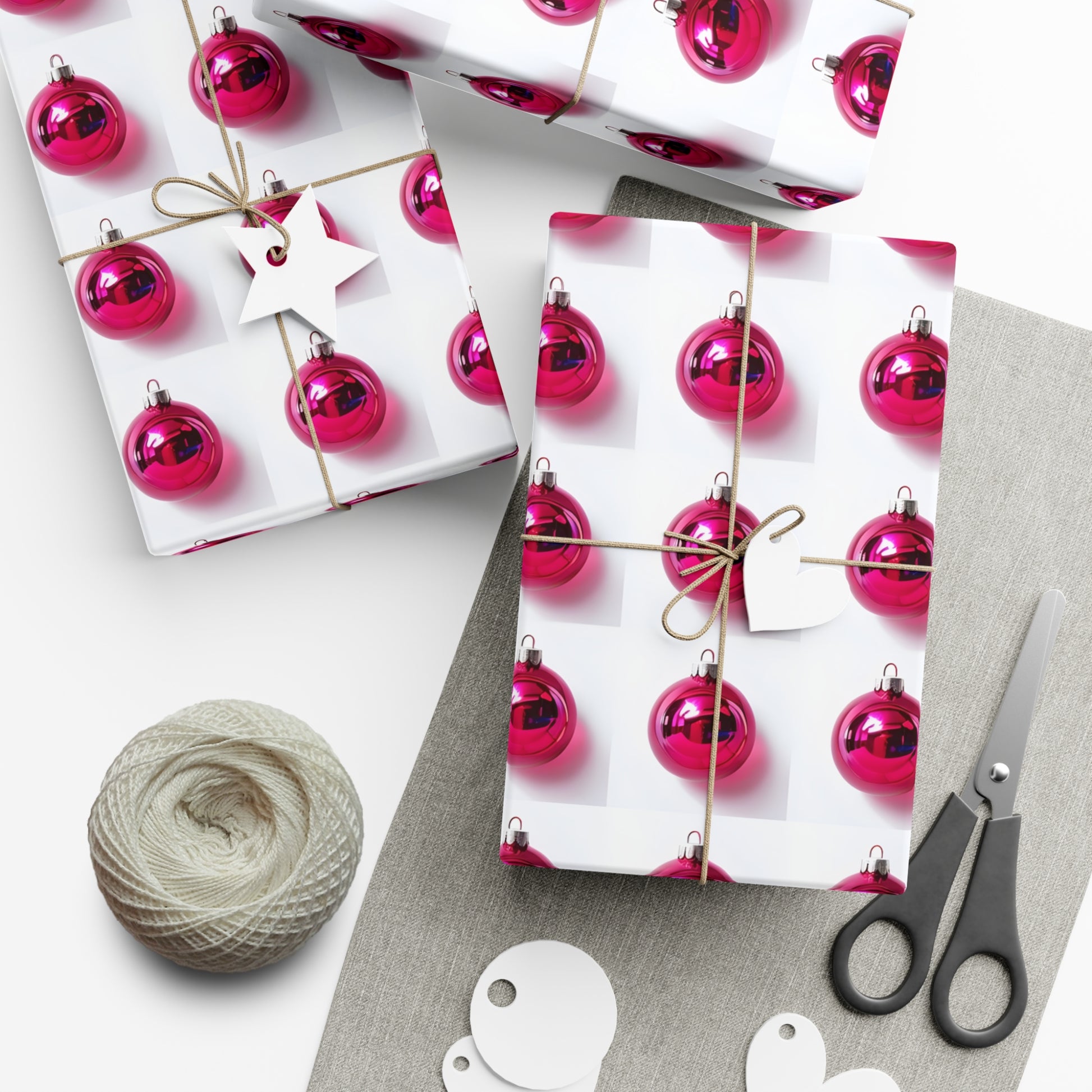Wrapping Paper, Hot Pink Christmas Ornaments On White Background - Gift Wrap Rolls, Eco-Friendly Gift Wrap, Holiday