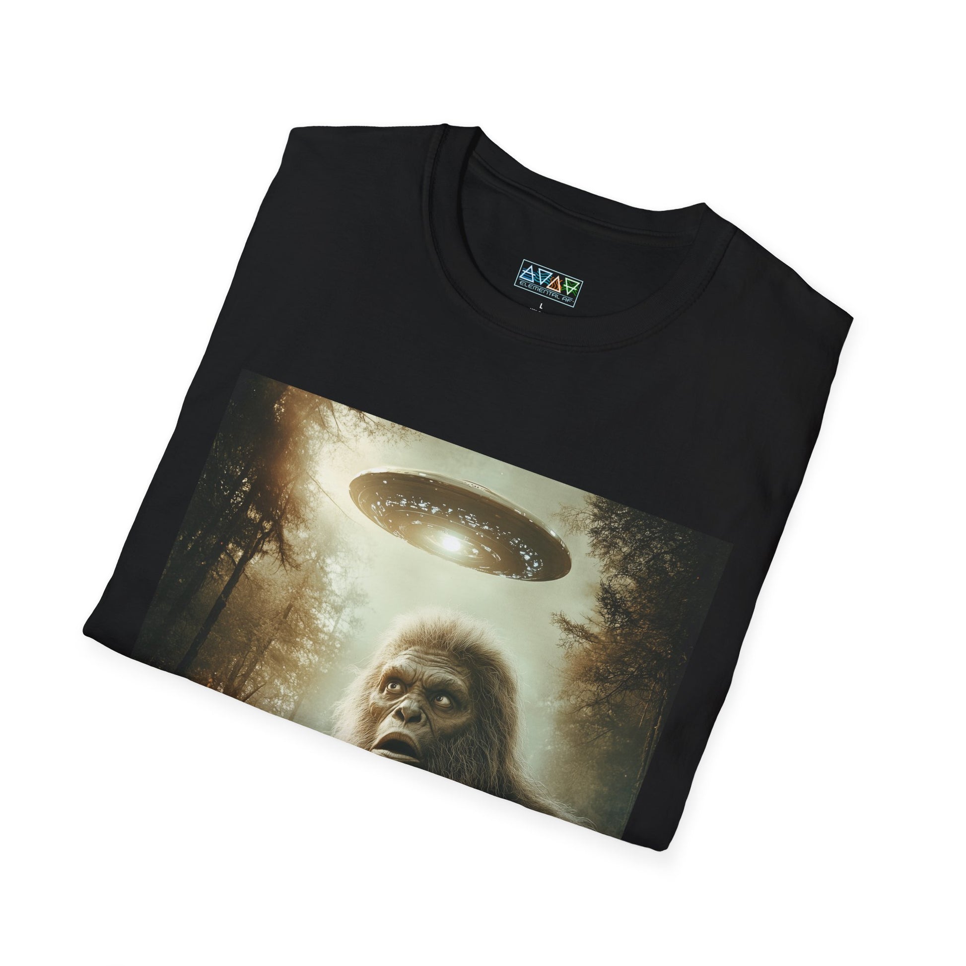 Bigfoot UFO Unisex Softstyle T-Shirt, Funny Graphic Tee, Sasquatch Clothing, Alien Lover Gift, Outdoor Adventure Tee, Casual Wear