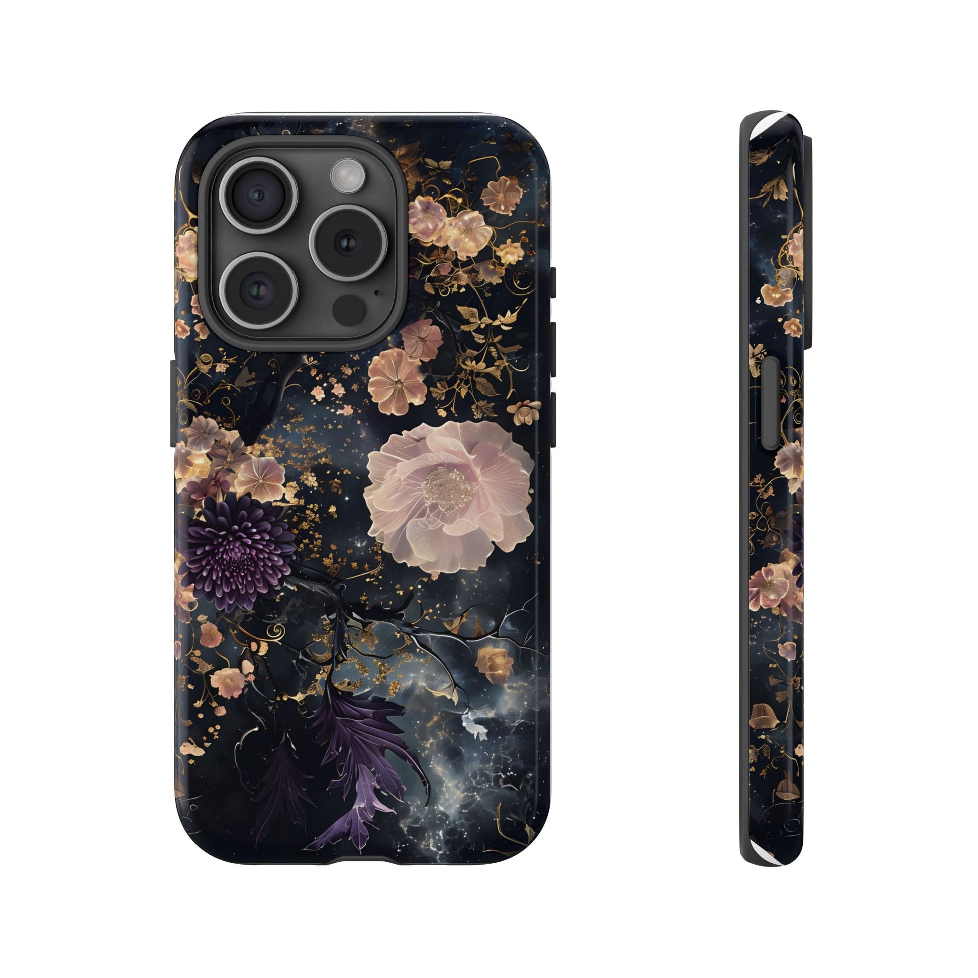Phone Case, Whimsical Floral Pattern Against Cosmic Nebulous Background. Galaxy, Space, Tough Protective Cover, Unique Gift, Trendy