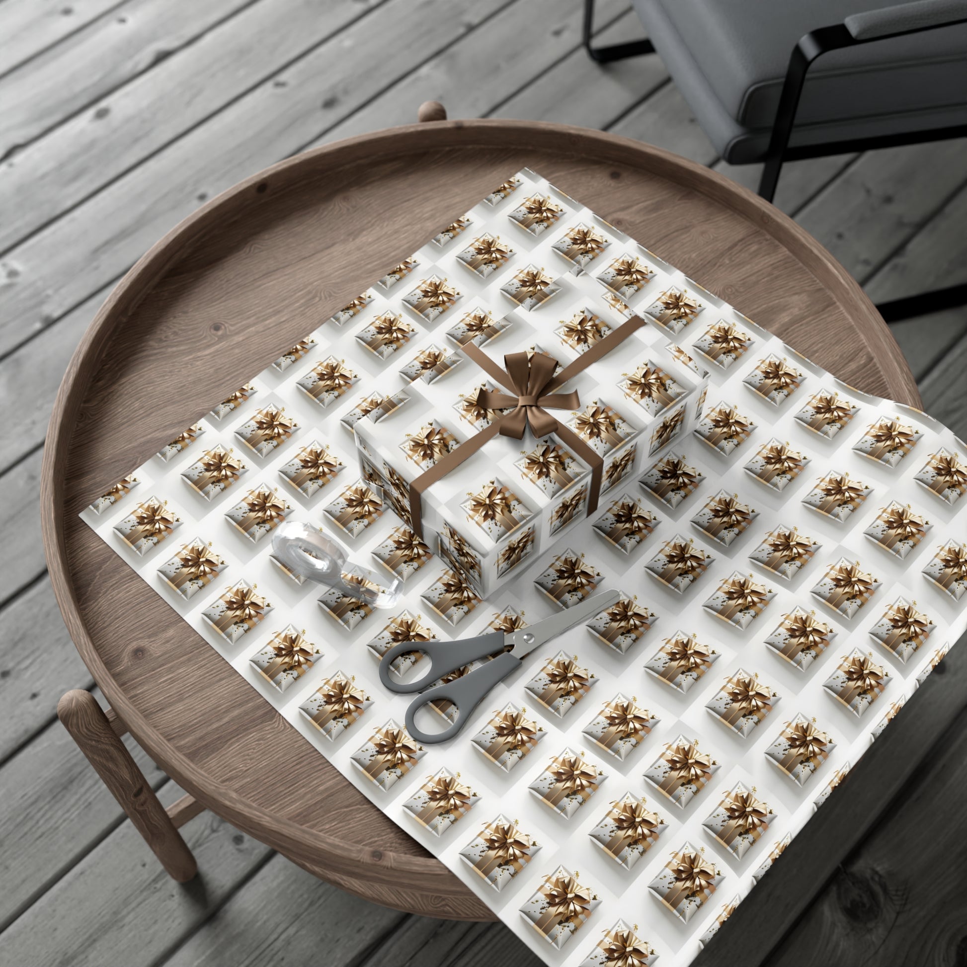 Wrapping Paper, Elegantly Wrapped Gifts On White Background with Gold Bows, Christmas Wrapping, Gift Packaging, Festive Decor, Holiday Gift