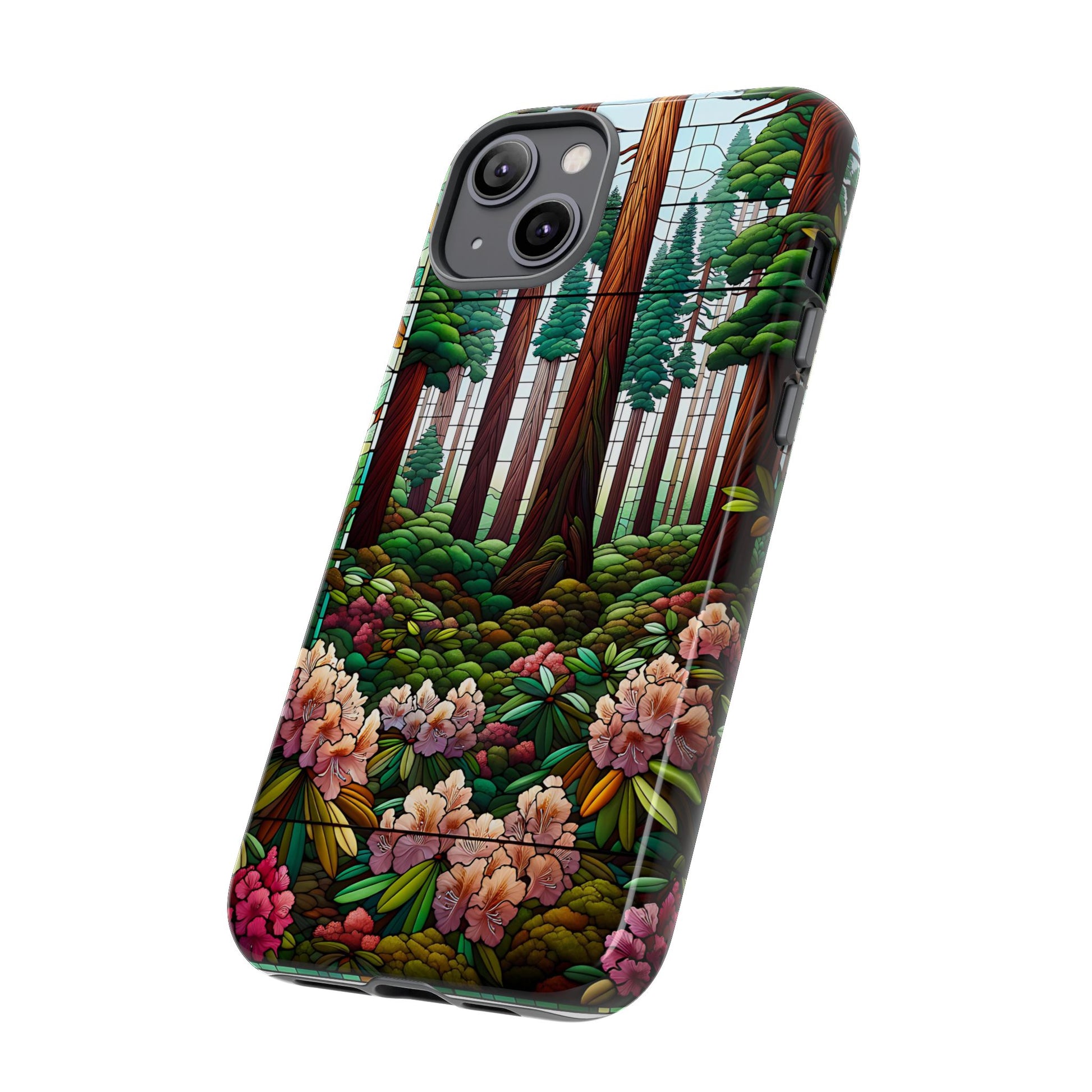 Nature Inspired Tough Cases - Redwood Trees & Rhododendrons Stained Glass iPhone Cover, Protective Phone Shell, Unique Samsung Galaxy Case,