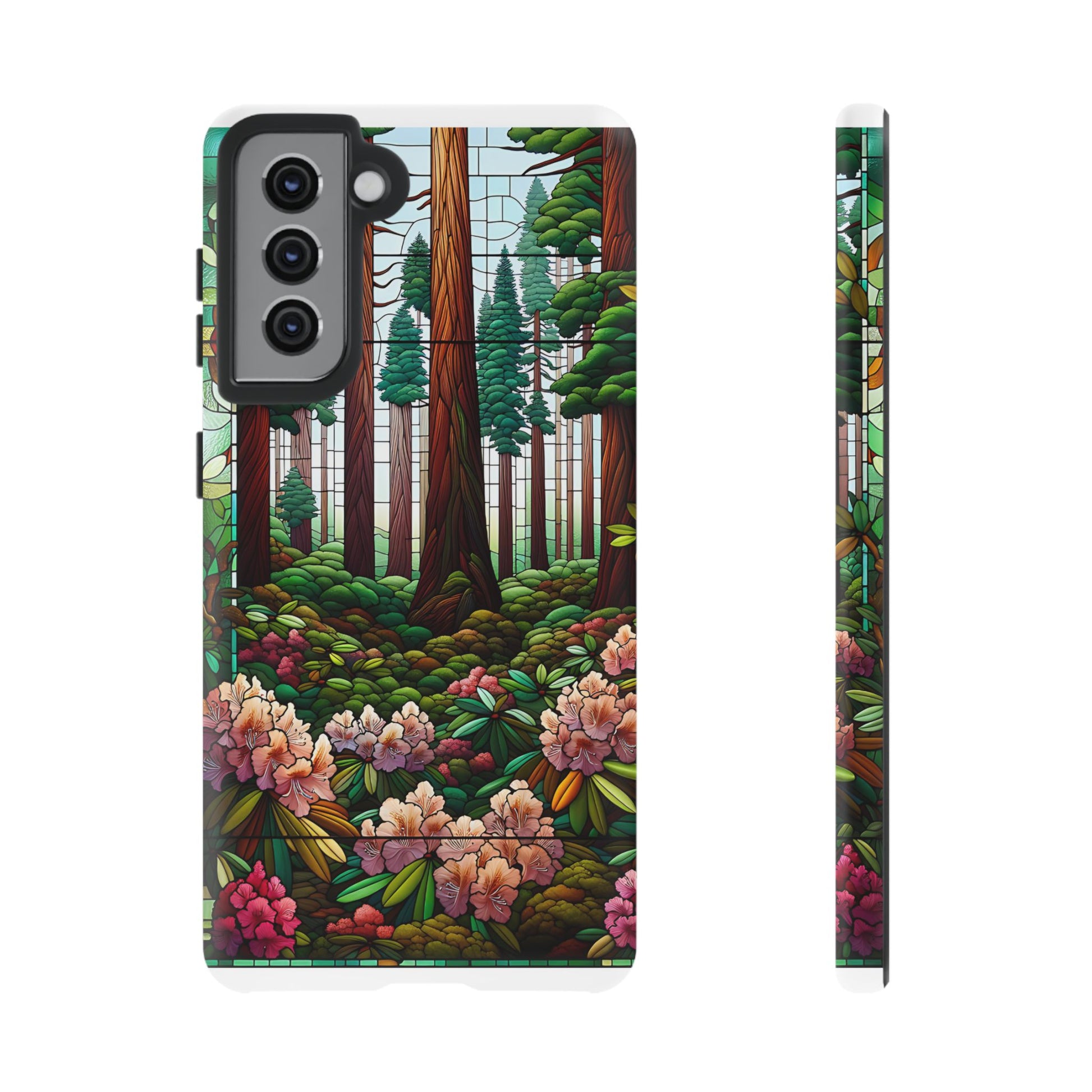 Nature Inspired Tough Cases - Redwood Trees & Rhododendrons Stained Glass iPhone Cover, Protective Phone Shell, Unique Samsung Galaxy Case,