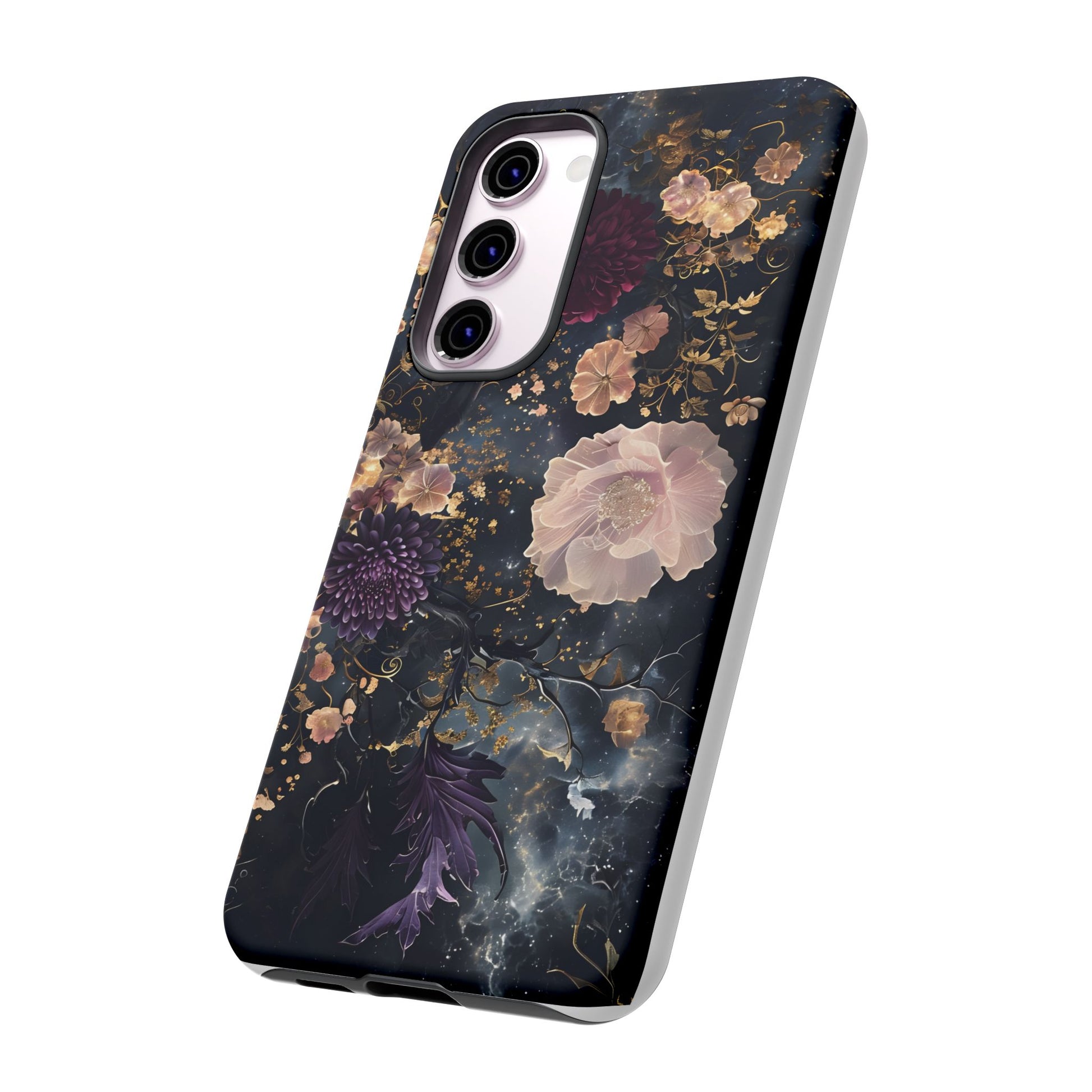 Phone Case, Whimsical Floral Pattern Against Cosmic Nebulous Background. Galaxy, Space, Tough Protective Cover, Unique Gift, Trendy