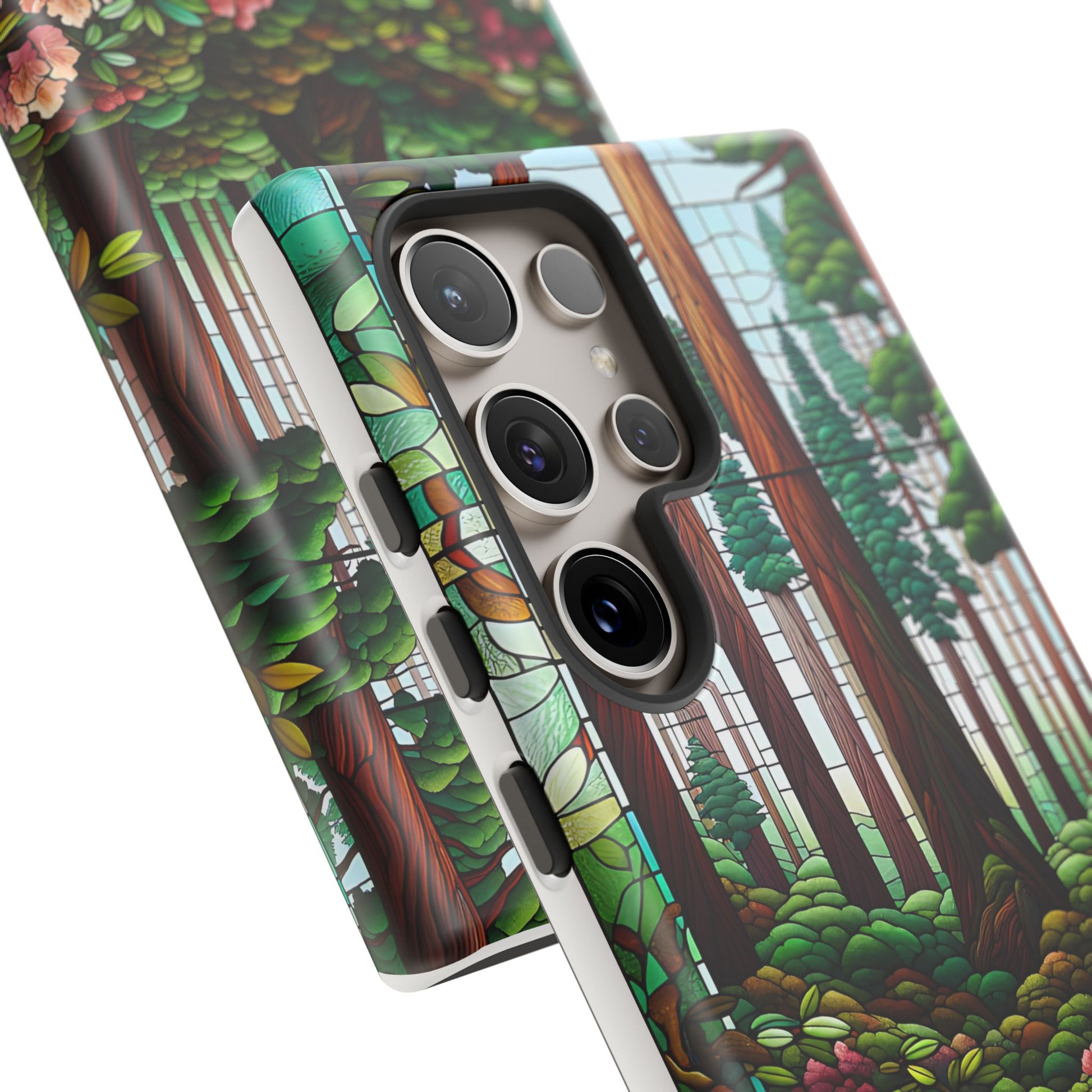 Nature Inspired Tough Cases - Redwood Trees & Rhododendrons Stained Glass iPhone Cover, Protective Phone Shell, Unique Samsung Galaxy Case,