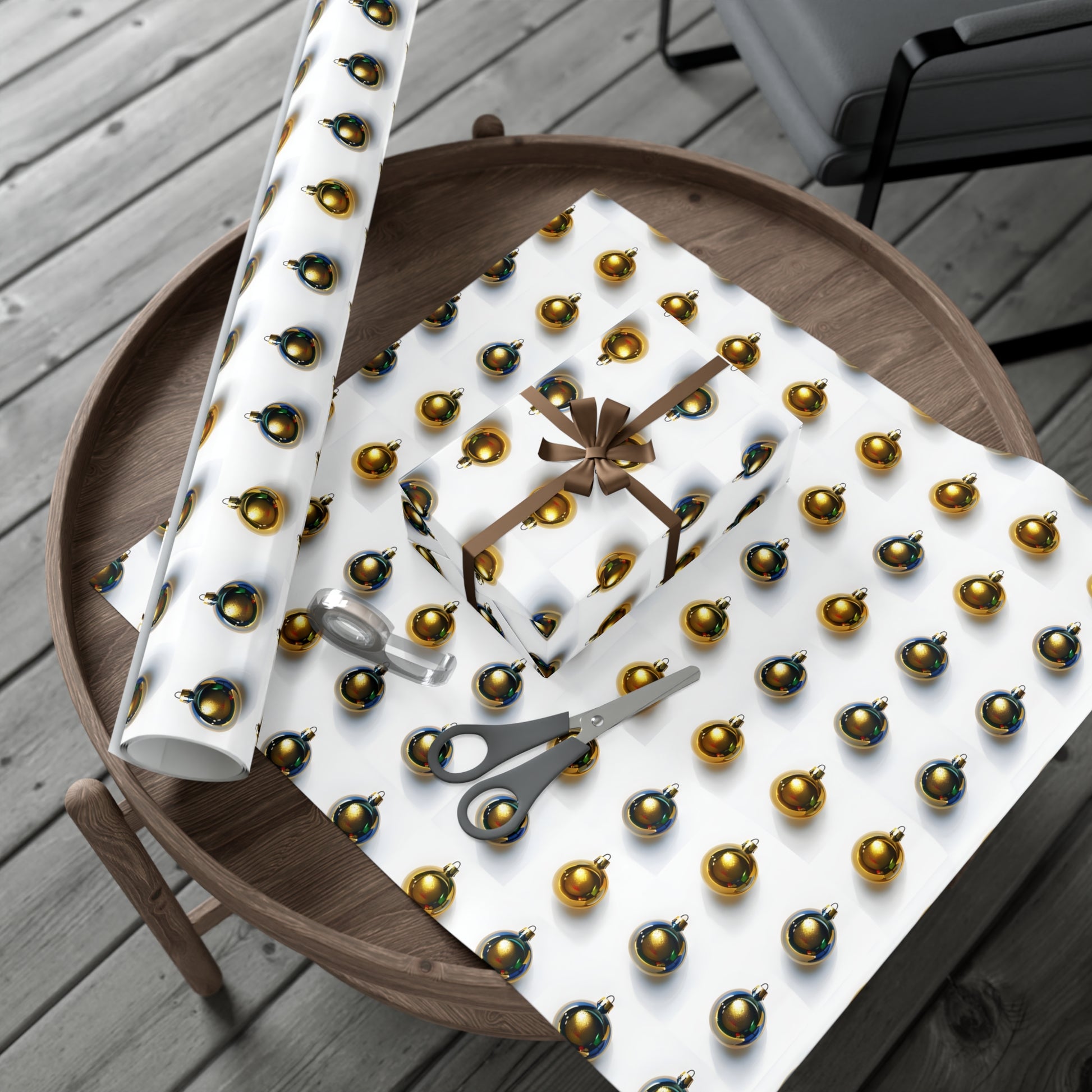 Wrapping Paper, Gold Christmas Ornaments On White Background - Gift Wrap Rolls, Eco-Friendly Gift Wrap, Holiday
