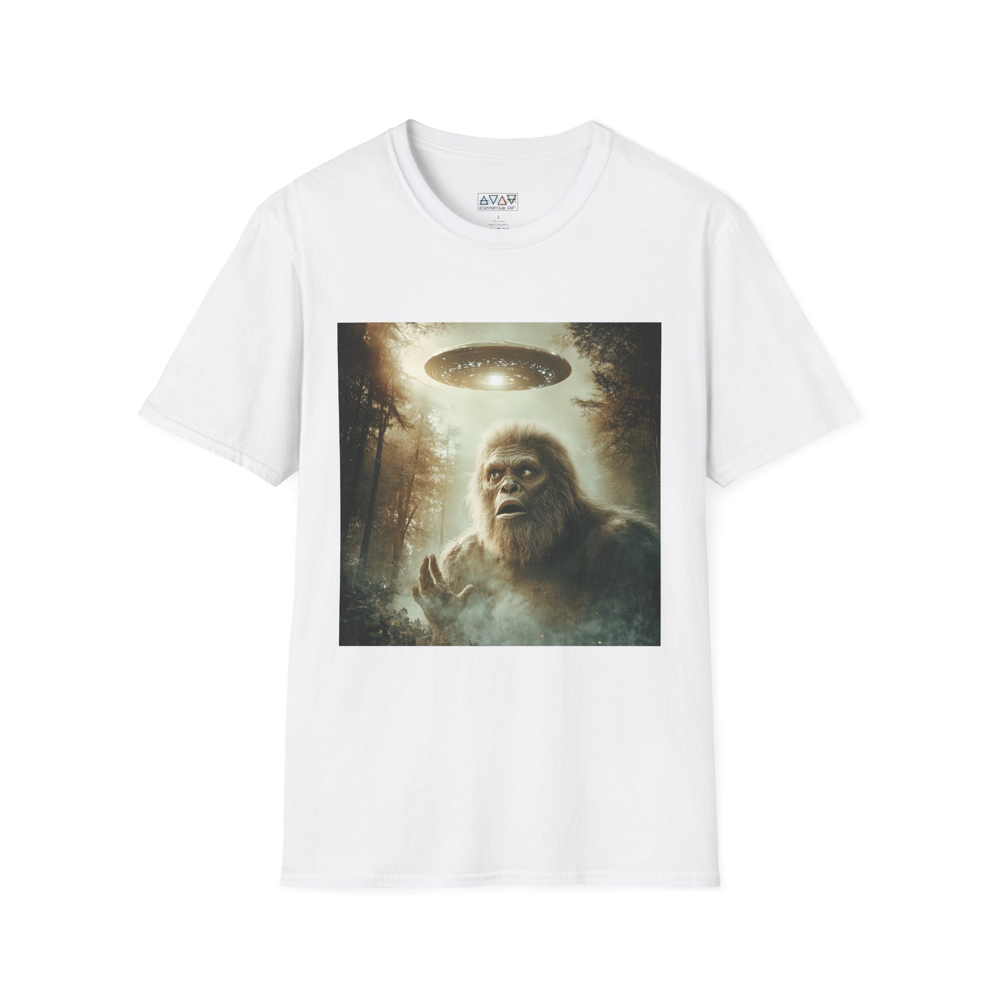 Bigfoot UFO Unisex Softstyle T-Shirt, Funny Graphic Tee, Sasquatch Clothing, Alien Lover Gift, Outdoor Adventure Tee, Casual Wear