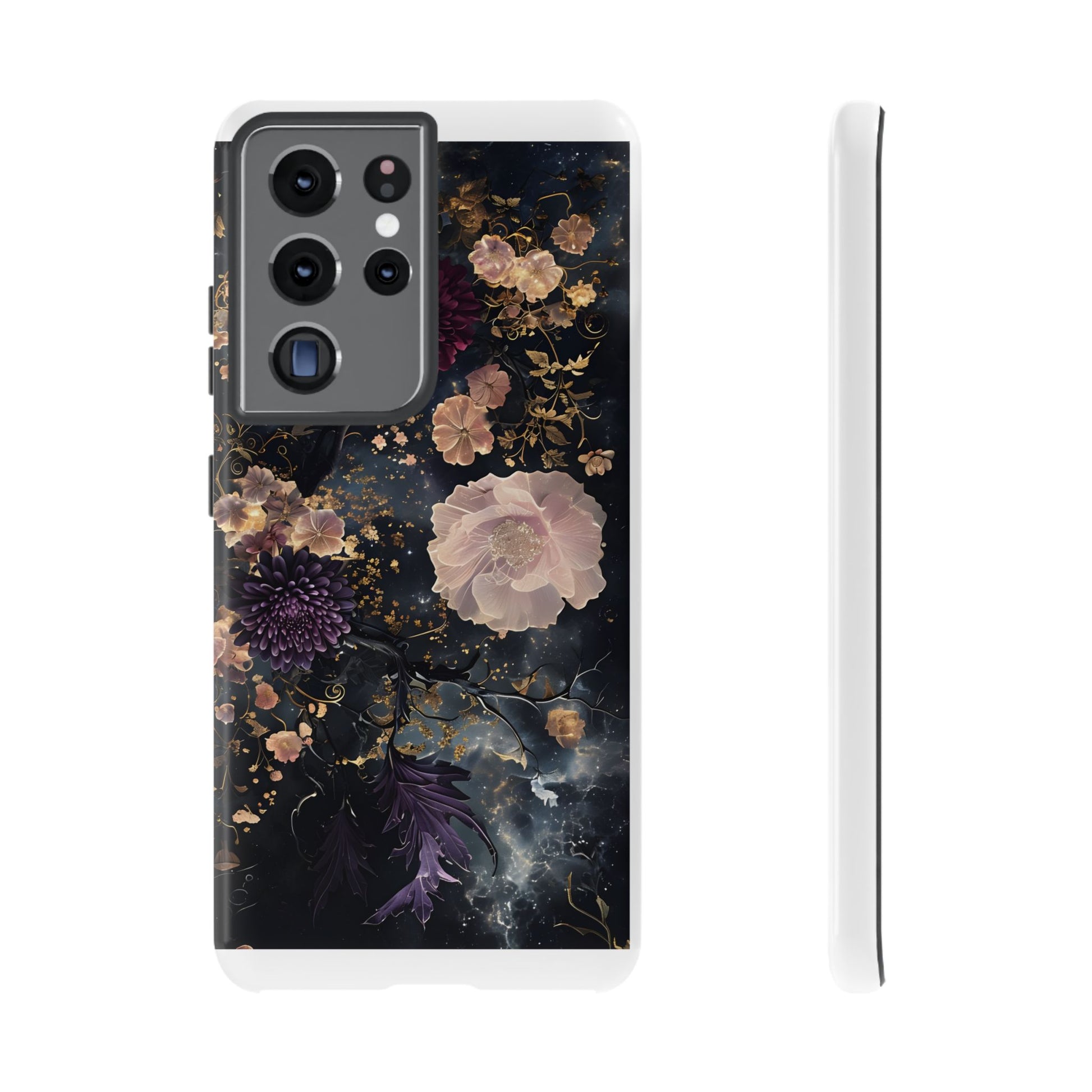 Phone Case, Whimsical Floral Pattern Against Cosmic Nebulous Background. Galaxy, Space, Tough Protective Cover, Unique Gift, Trendy