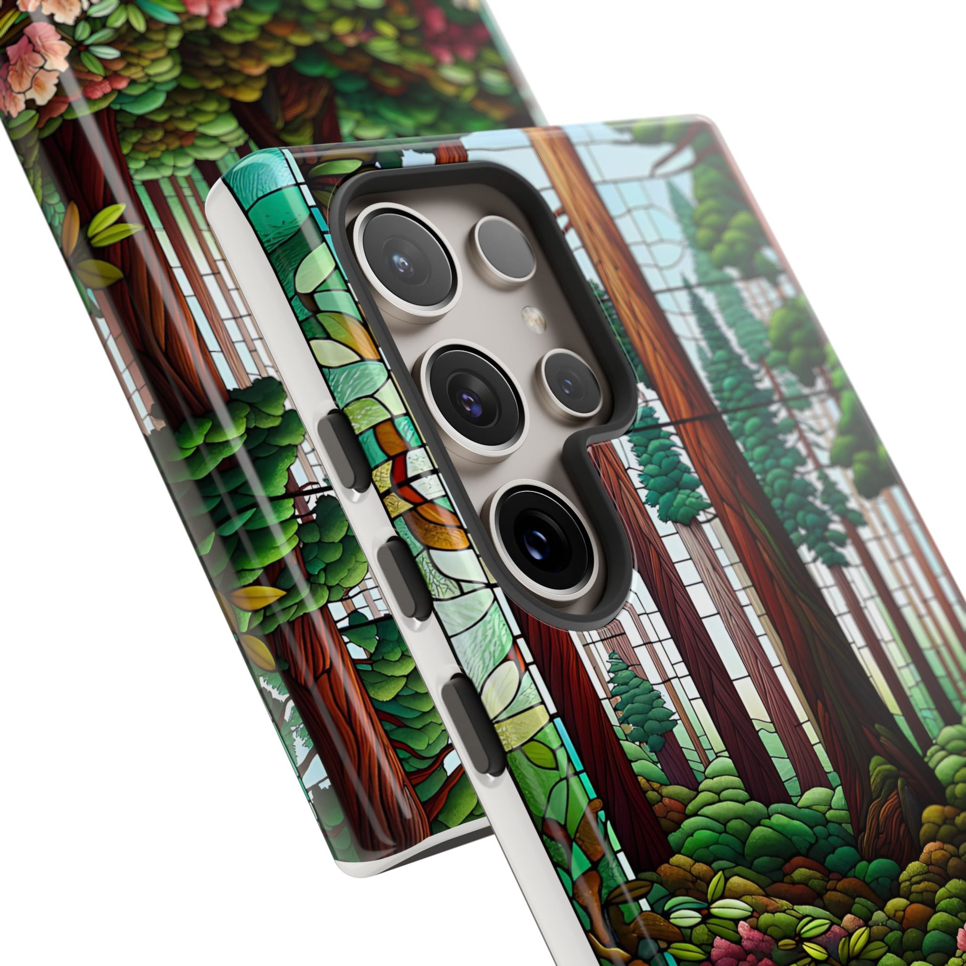 Nature Inspired Tough Cases - Redwood Trees & Rhododendrons Stained Glass iPhone Cover, Protective Phone Shell, Unique Samsung Galaxy Case,