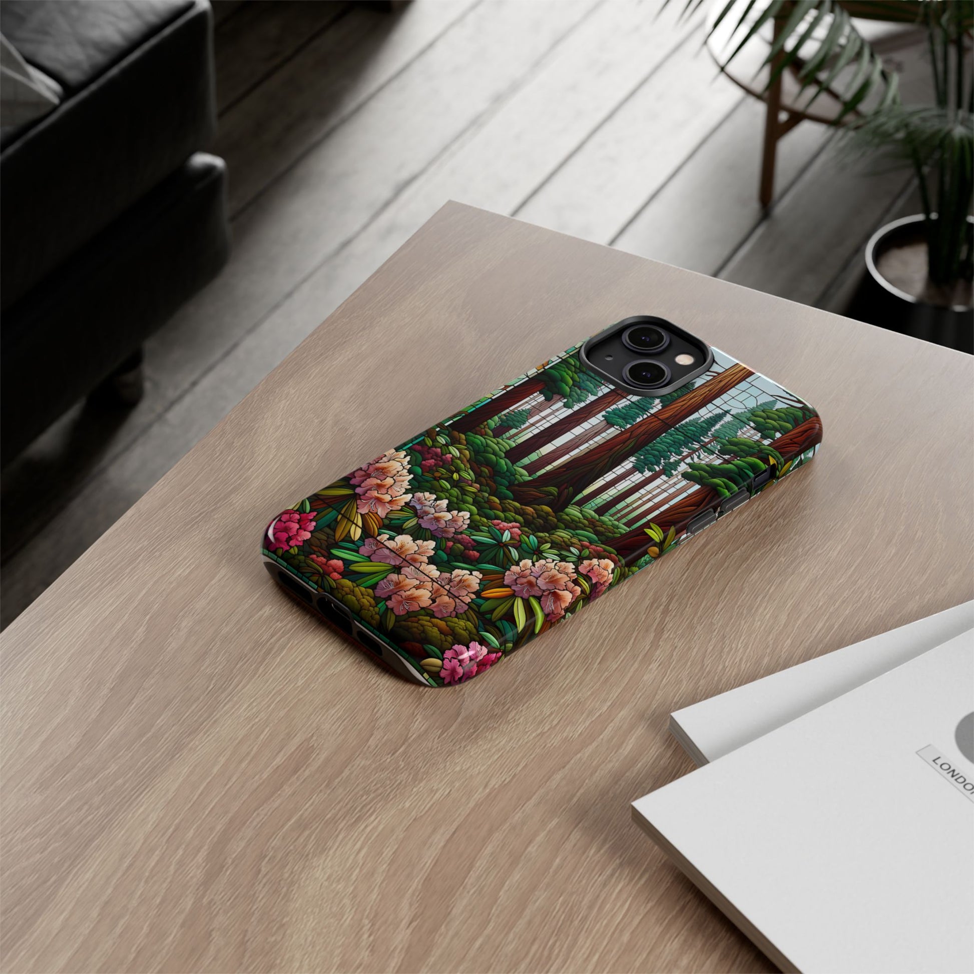 Nature Inspired Tough Cases - Redwood Trees & Rhododendrons Stained Glass iPhone Cover, Protective Phone Shell, Unique Samsung Galaxy Case,
