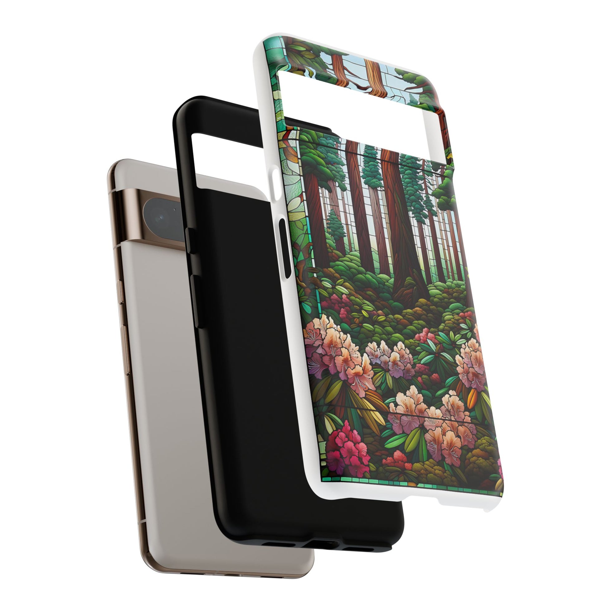 Nature Inspired Tough Cases - Redwood Trees & Rhododendrons Stained Glass iPhone Cover, Protective Phone Shell, Unique Samsung Galaxy Case,
