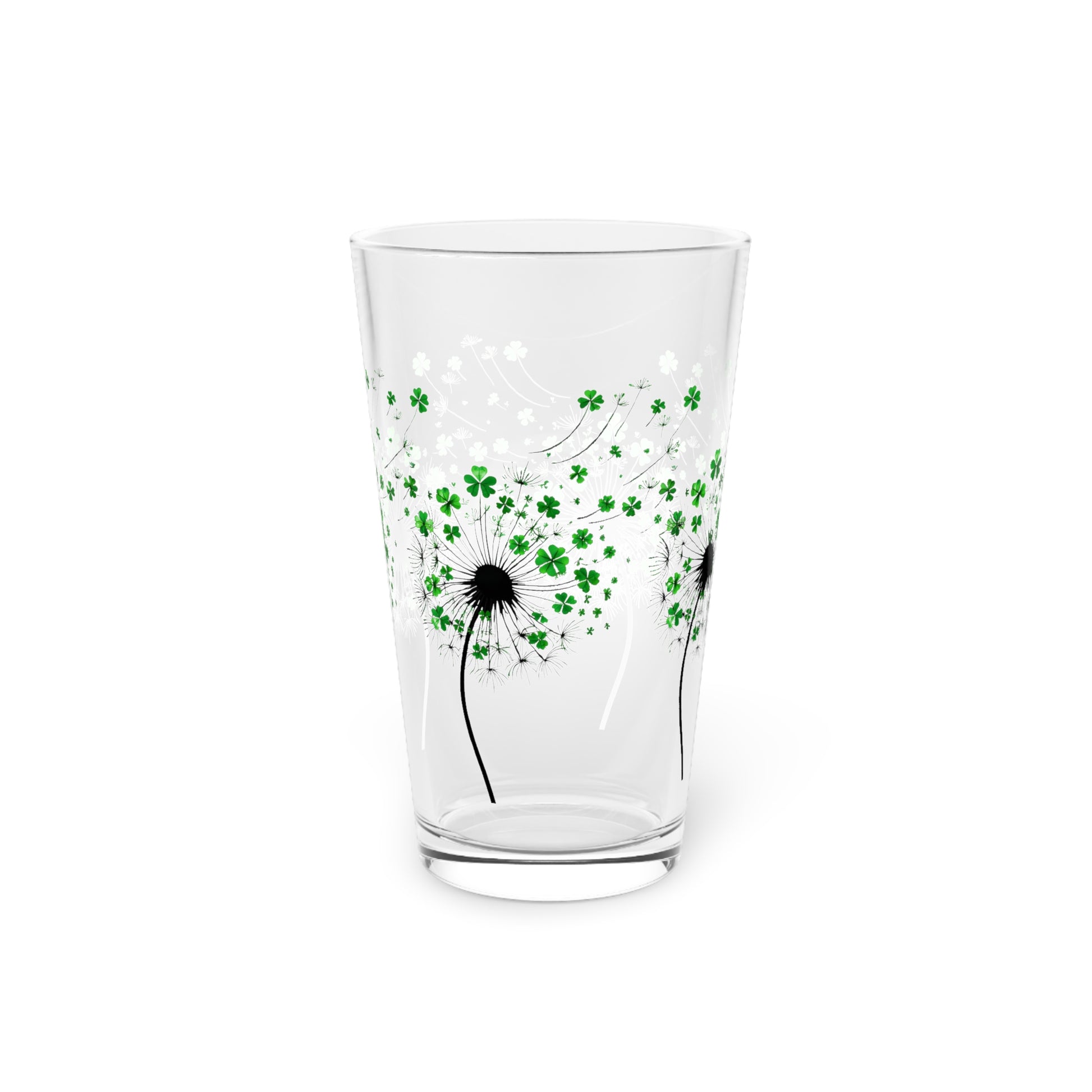 Pint Glass, Watercolor Dandelion Shamrock Design, Gift for Nature Lover, St. Patrick's Day Decor, Kitchen & Dining, Home Barware, Glassware