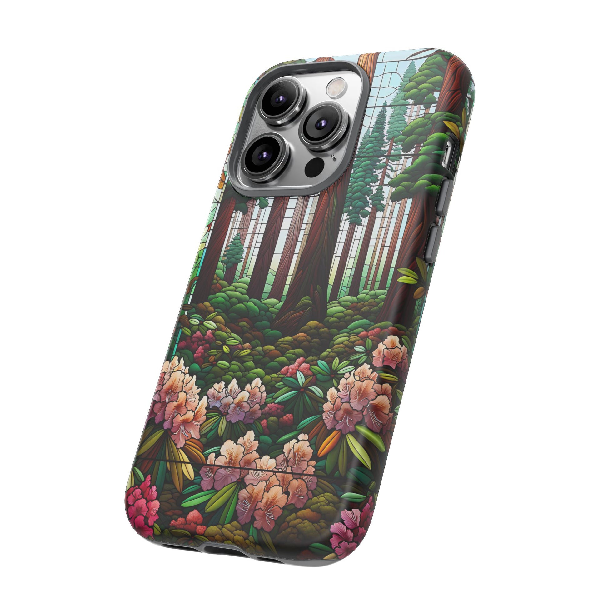 Nature Inspired Tough Cases - Redwood Trees & Rhododendrons Stained Glass iPhone Cover, Protective Phone Shell, Unique Samsung Galaxy Case,