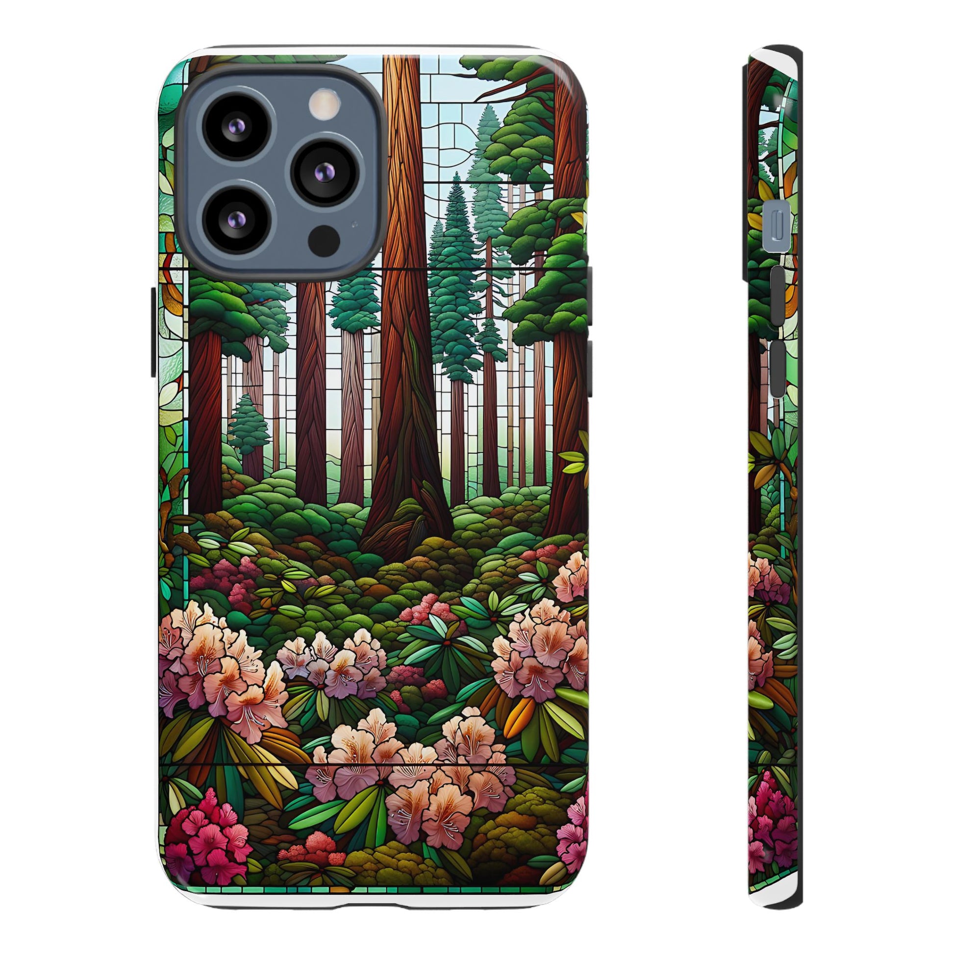 Nature Inspired Tough Cases - Redwood Trees & Rhododendrons Stained Glass iPhone Cover, Protective Phone Shell, Unique Samsung Galaxy Case,