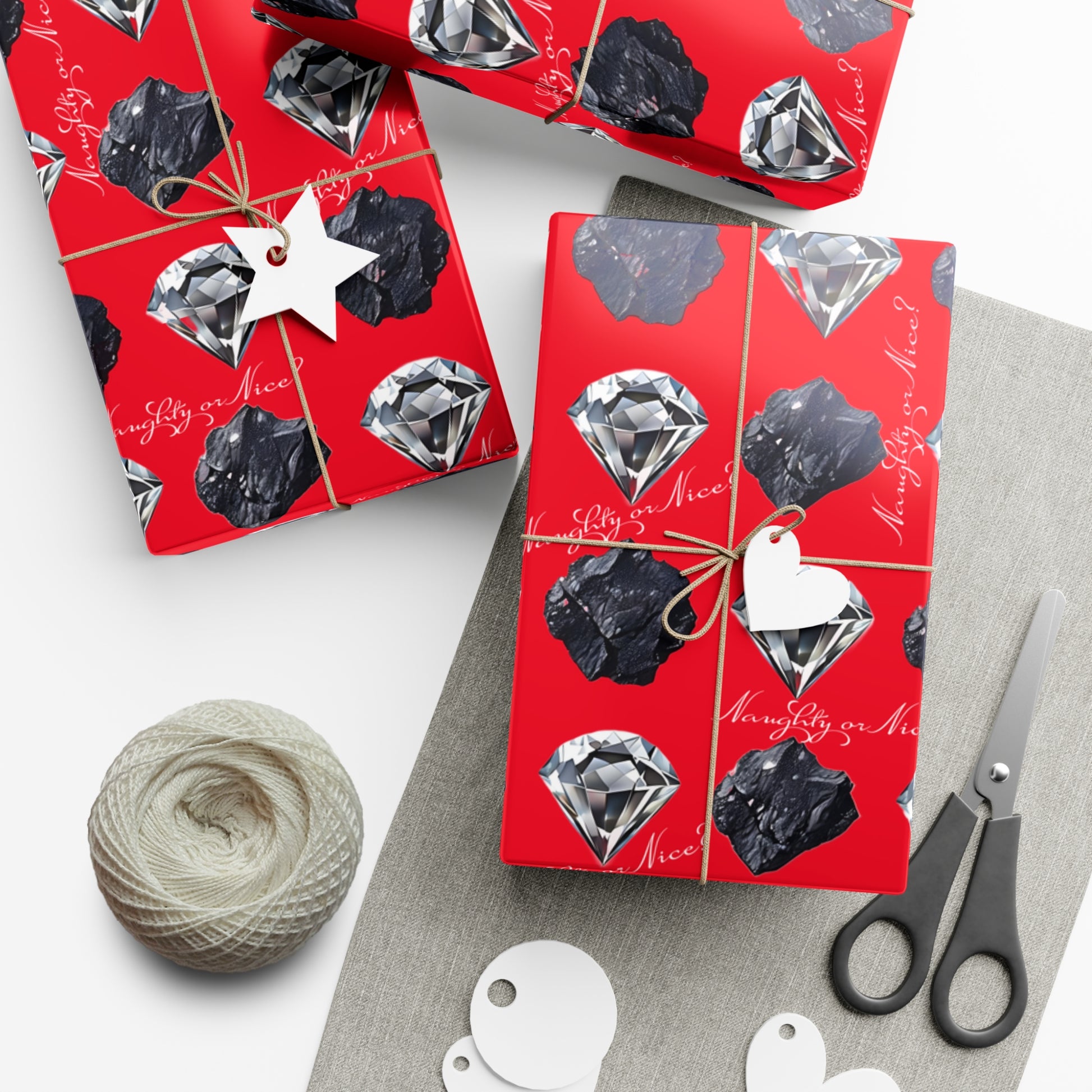 Wrapping Paper, Naughty or Nice Diamonds and Coal on Red Background - Gift Wrap Rolls, Eco-Friendly, Holiday, Christmas Gifts
