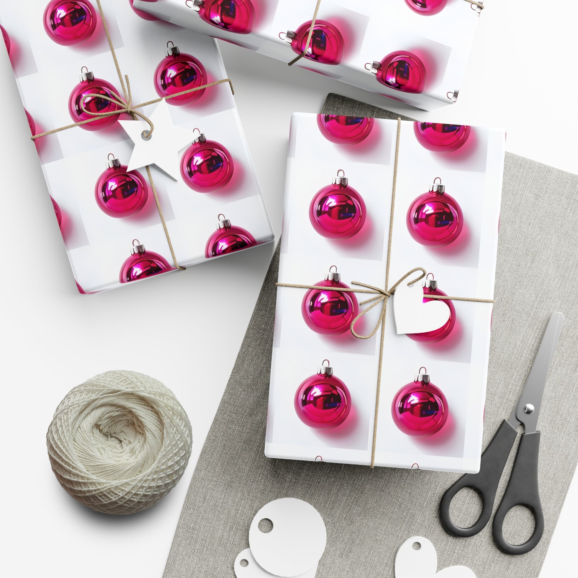 Wrapping Paper, Hot Pink Christmas Ornaments On White Background - Gift Wrap Rolls, Eco-Friendly Gift Wrap, Holiday