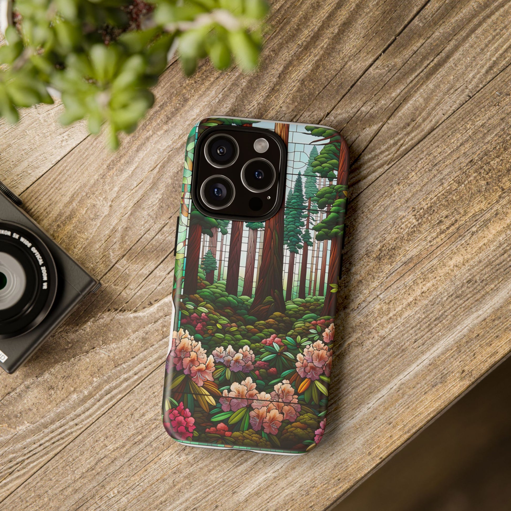 Nature Inspired Tough Cases - Redwood Trees & Rhododendrons Stained Glass iPhone Cover, Protective Phone Shell, Unique Samsung Galaxy Case,