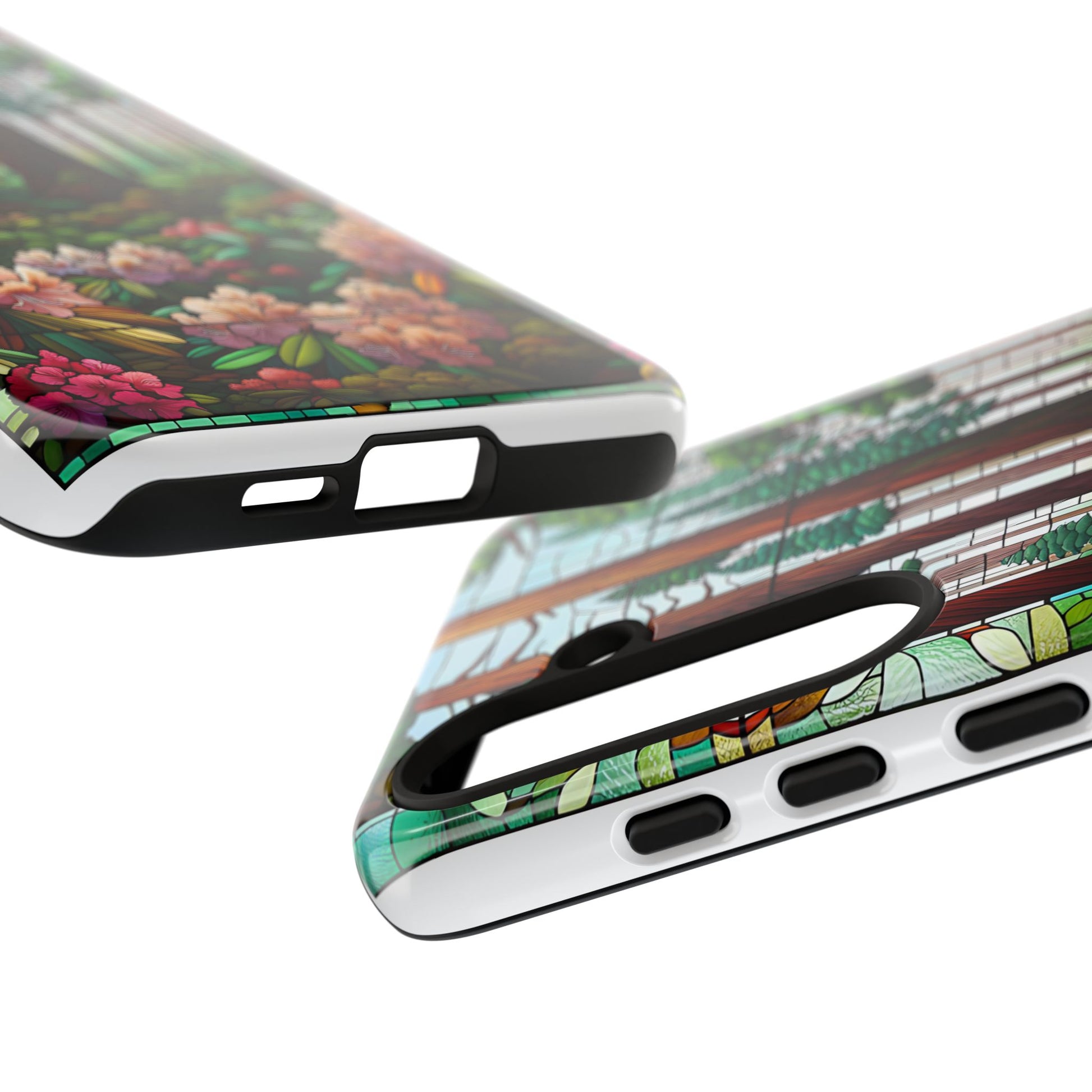 Nature Inspired Tough Cases - Redwood Trees & Rhododendrons Stained Glass iPhone Cover, Protective Phone Shell, Unique Samsung Galaxy Case,