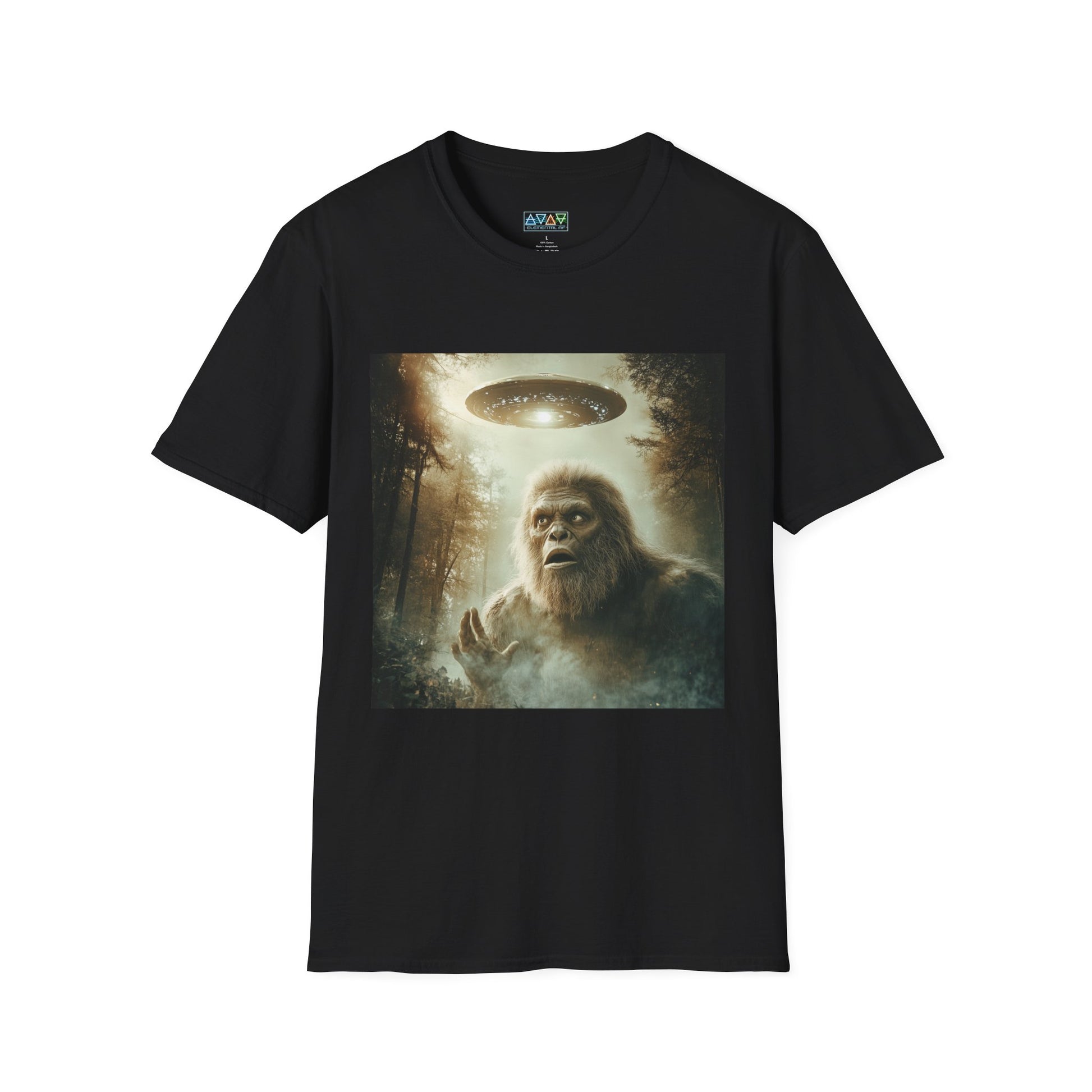 Bigfoot UFO Unisex Softstyle T-Shirt, Funny Graphic Tee, Sasquatch Clothing, Alien Lover Gift, Outdoor Adventure Tee, Casual Wear