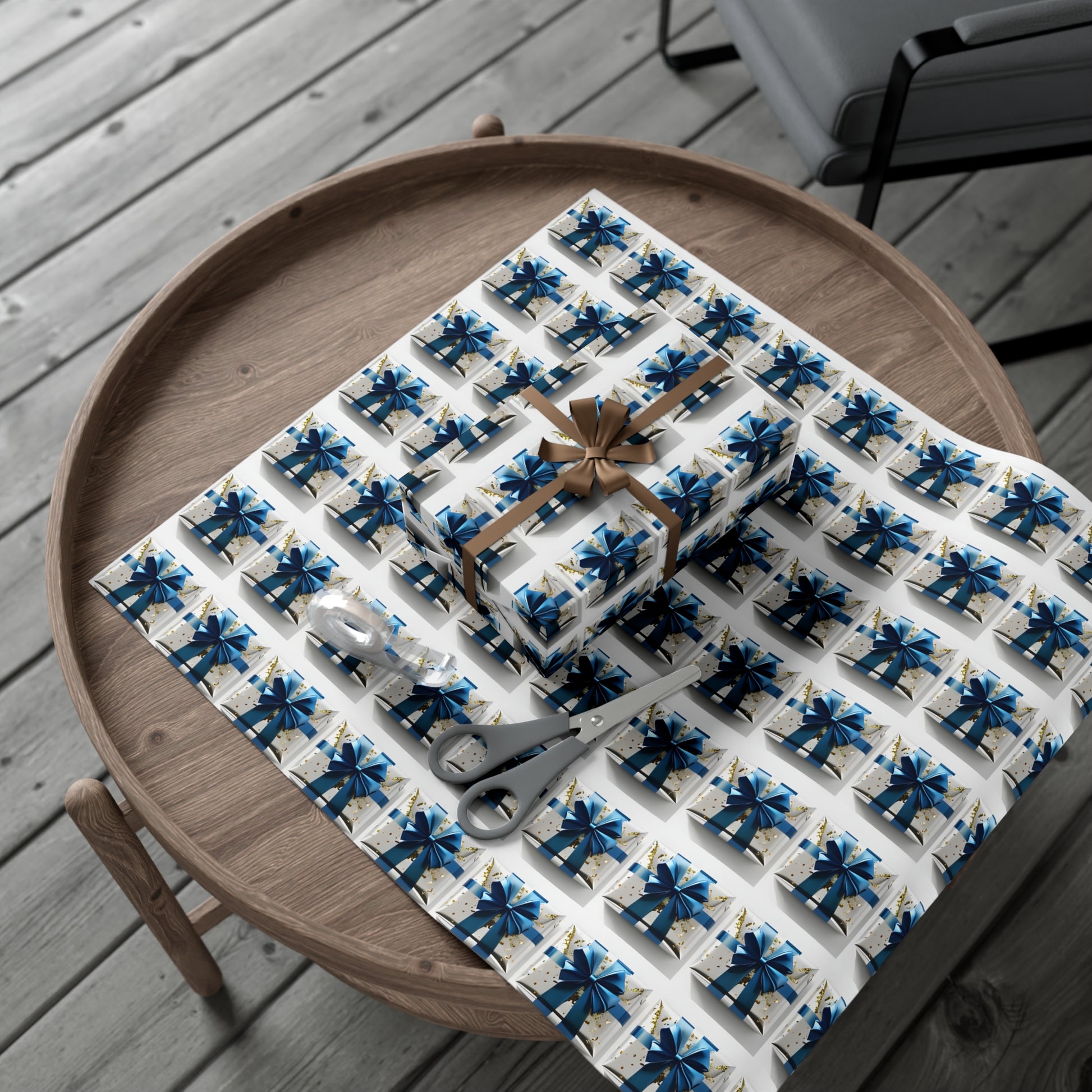 Wrapping Paper, Elegantly Wrapped Gifts On White Background with Blue Bows, Christmas Wrapping, Gift Packaging, Festive Decor, Holiday Gift