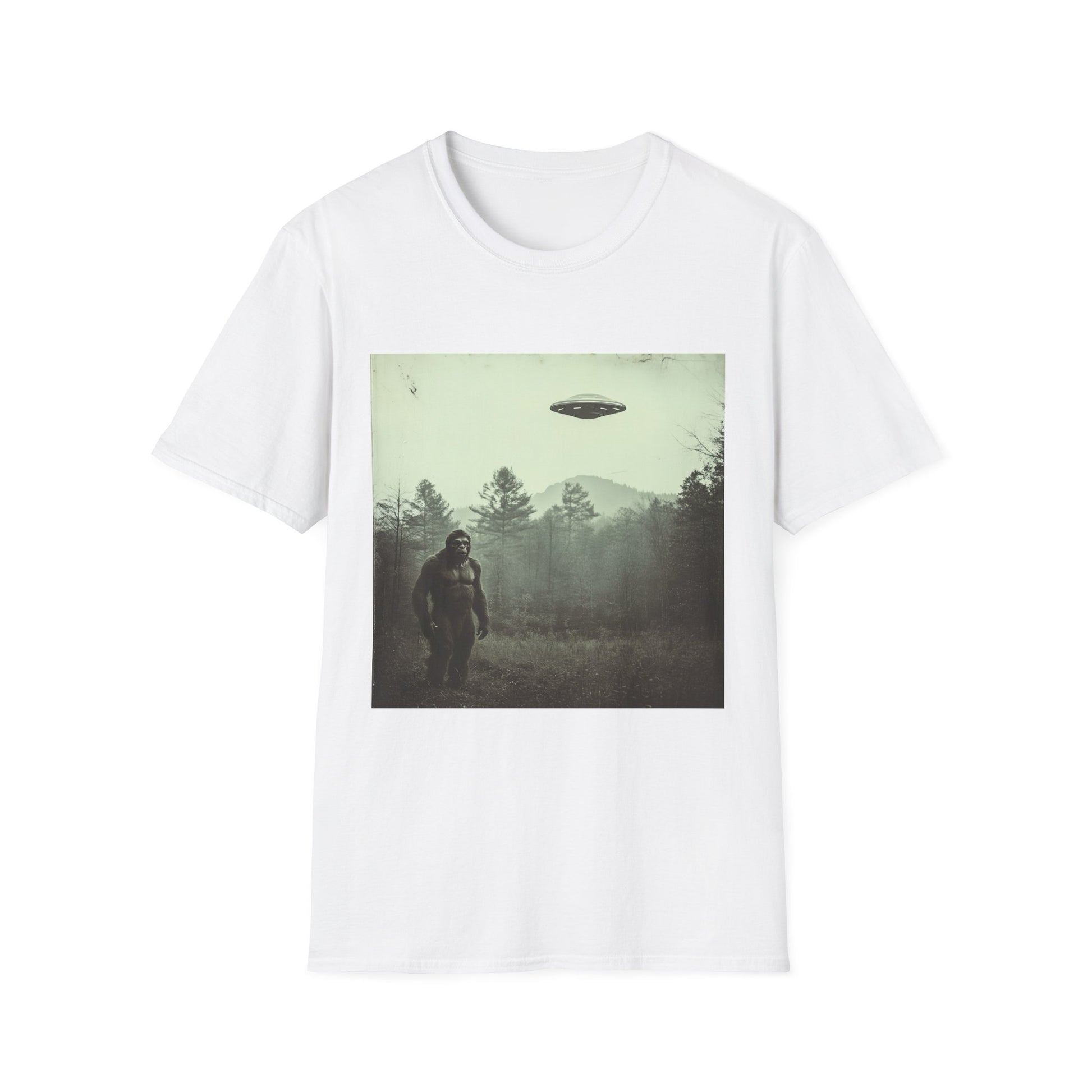 Bigfoot & UFO Unisex T-Shirt, Sasquatch Alien Tee, Cryptid Spaceship Shirt, Extraterrestrial Fantasy Clothing, Funny Yeti Top