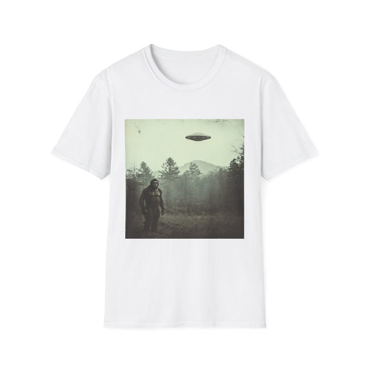 Bigfoot & UFO Unisex T-Shirt, Sasquatch Alien Tee, Cryptid Spaceship Shirt, Extraterrestrial Fantasy Clothing, Funny Yeti Top