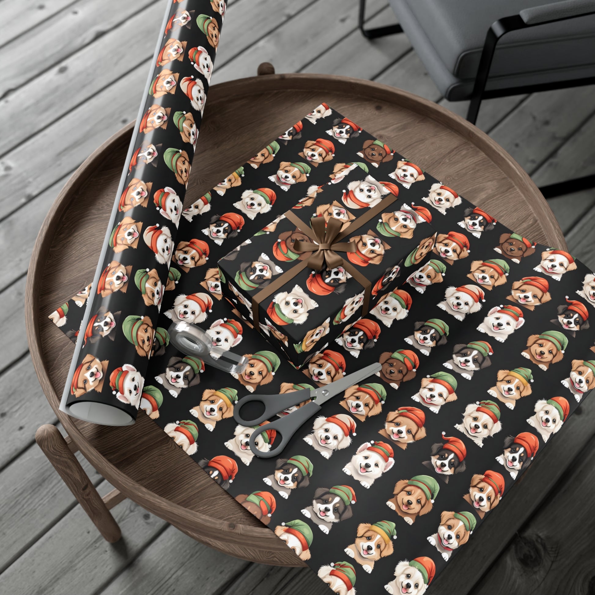 Cute Puppies Elf Caps Gift Wrap Papers - Festive Christmas Wrapping Paper Roll, Holiday Gift Packaging, Adorable Dog Lover Gift Wrap, Pet
