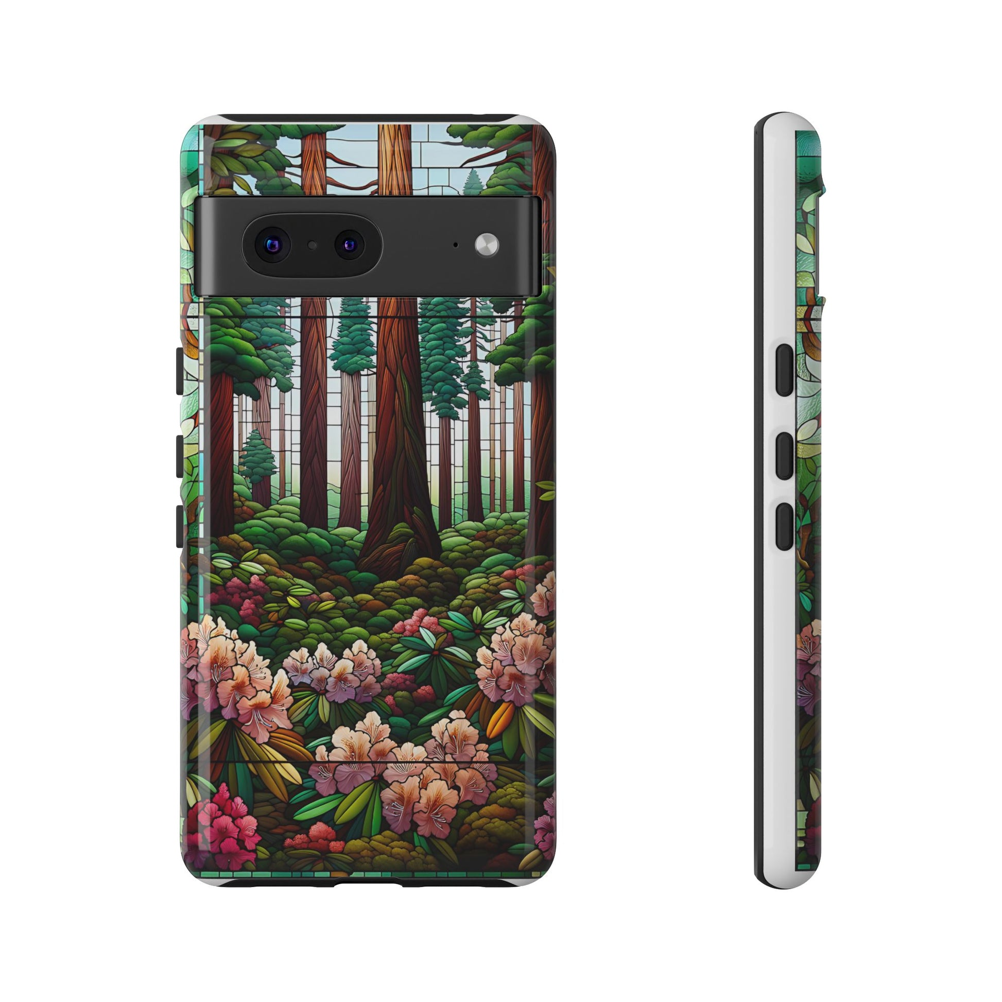 Nature Inspired Tough Cases - Redwood Trees & Rhododendrons Stained Glass iPhone Cover, Protective Phone Shell, Unique Samsung Galaxy Case,