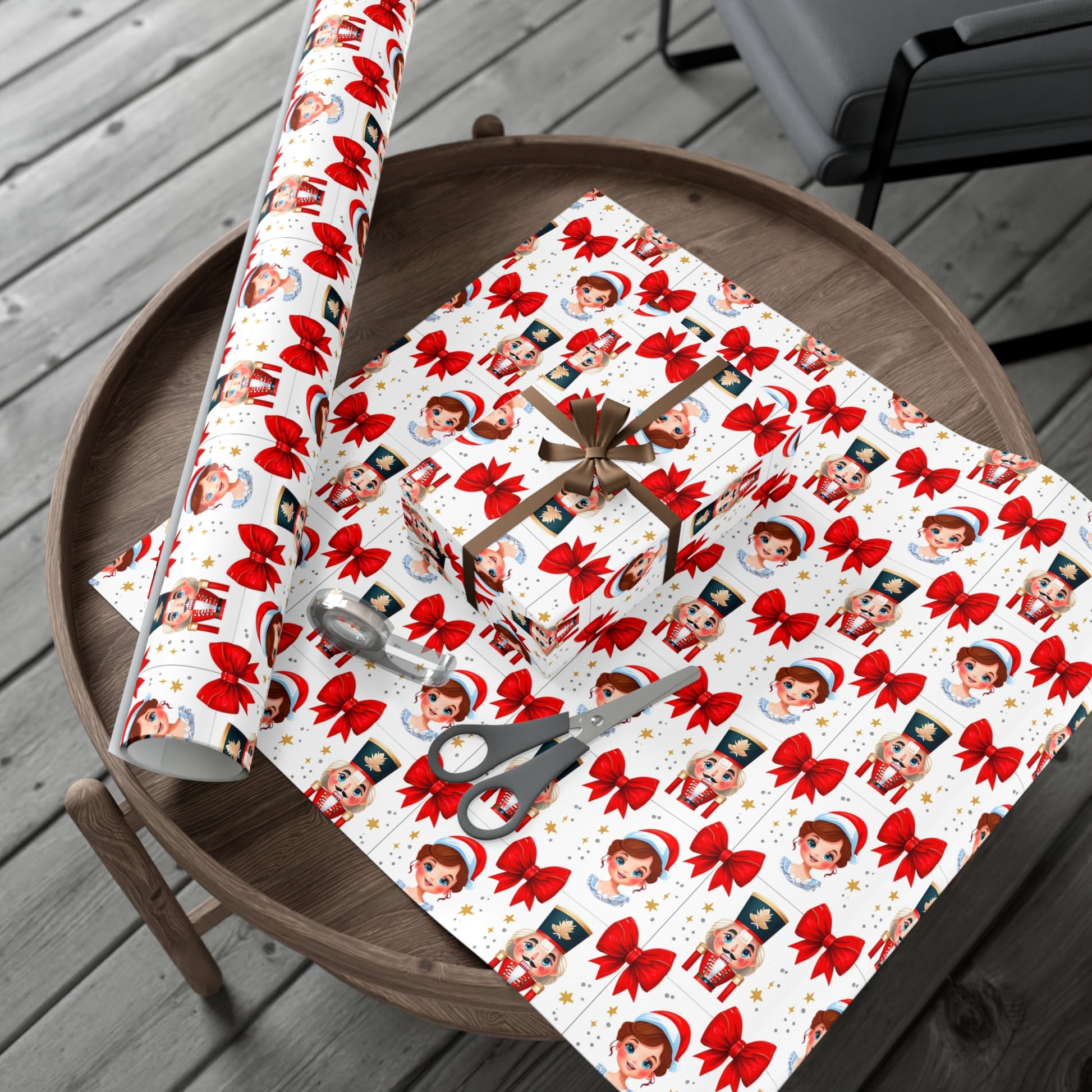 Wrapping Paper, Festive Cartoon Nutcracker And Clara Pattern With Bows - Gift Wrap Rolls, Eco-Friendly Gift Wrap, Holiday Season Wrapping