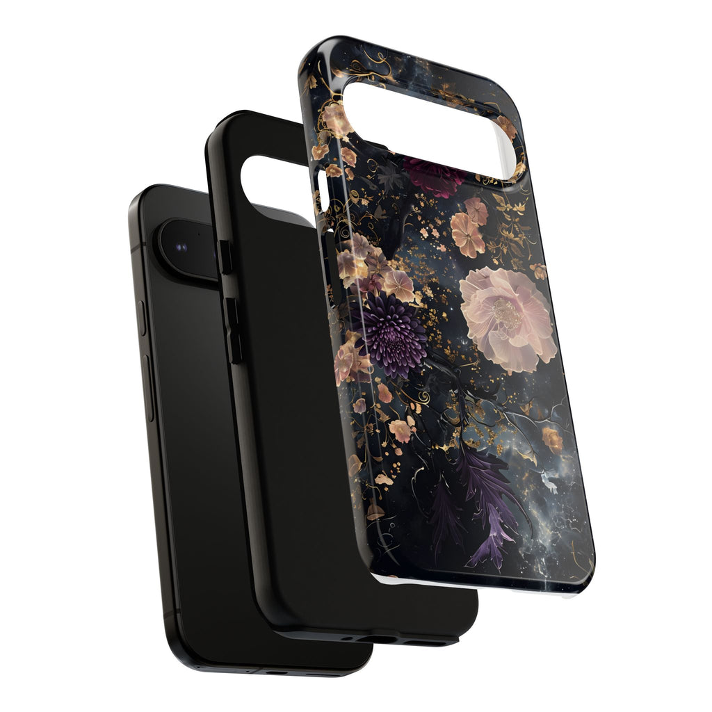 Phone Case, Whimsical Floral Pattern Against Cosmic Nebulous Background. Galaxy, Space, Tough Protective Cover, Unique Gift, Trendy