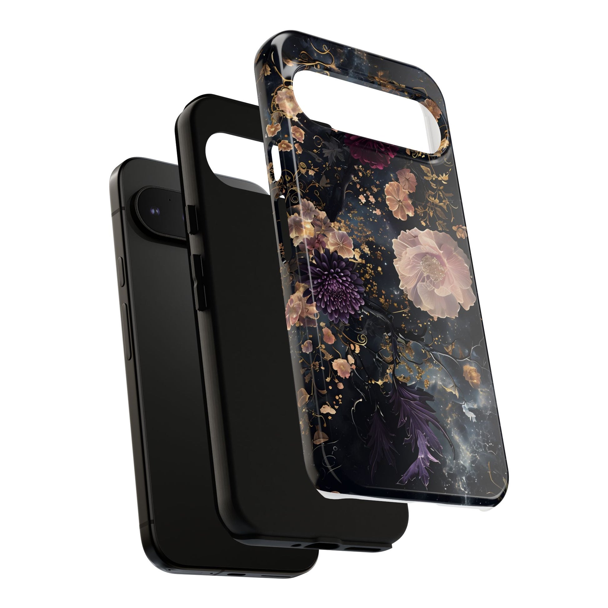 Phone Case, Whimsical Floral Pattern Against Cosmic Nebulous Background. Galaxy, Space, Tough Protective Cover, Unique Gift, Trendy