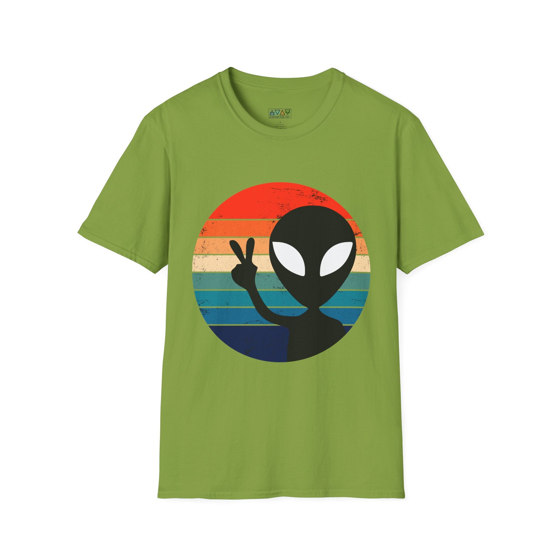 Retro Alien Vibes Unisex Softstyle T-Shirt, Cute Graphic Tee for Casual Wear, Fun Gift for Sci-Fi Lovers, Summer Party Shirt, Peace Sign Tee