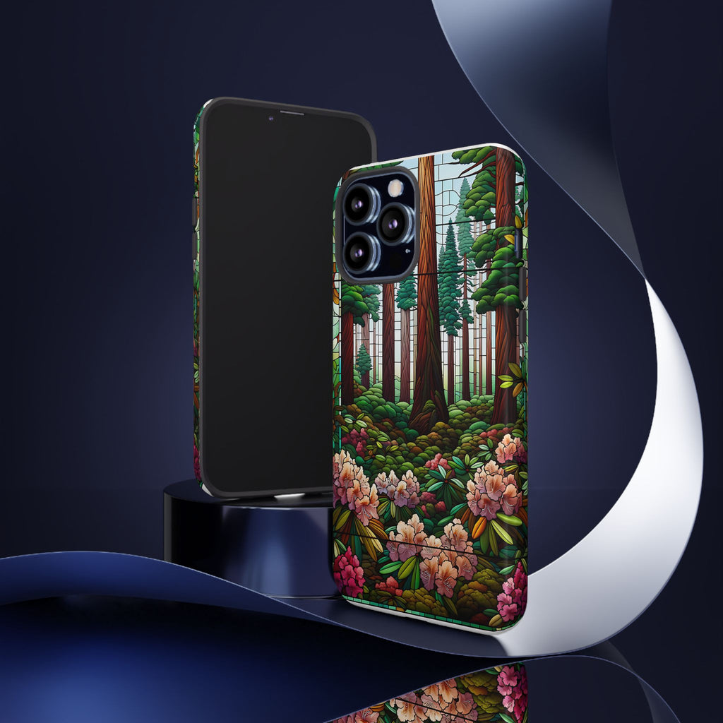 Nature Inspired Tough Cases - Redwood Trees & Rhododendrons Stained Glass iPhone Cover, Protective Phone Shell, Unique Samsung Galaxy Case,