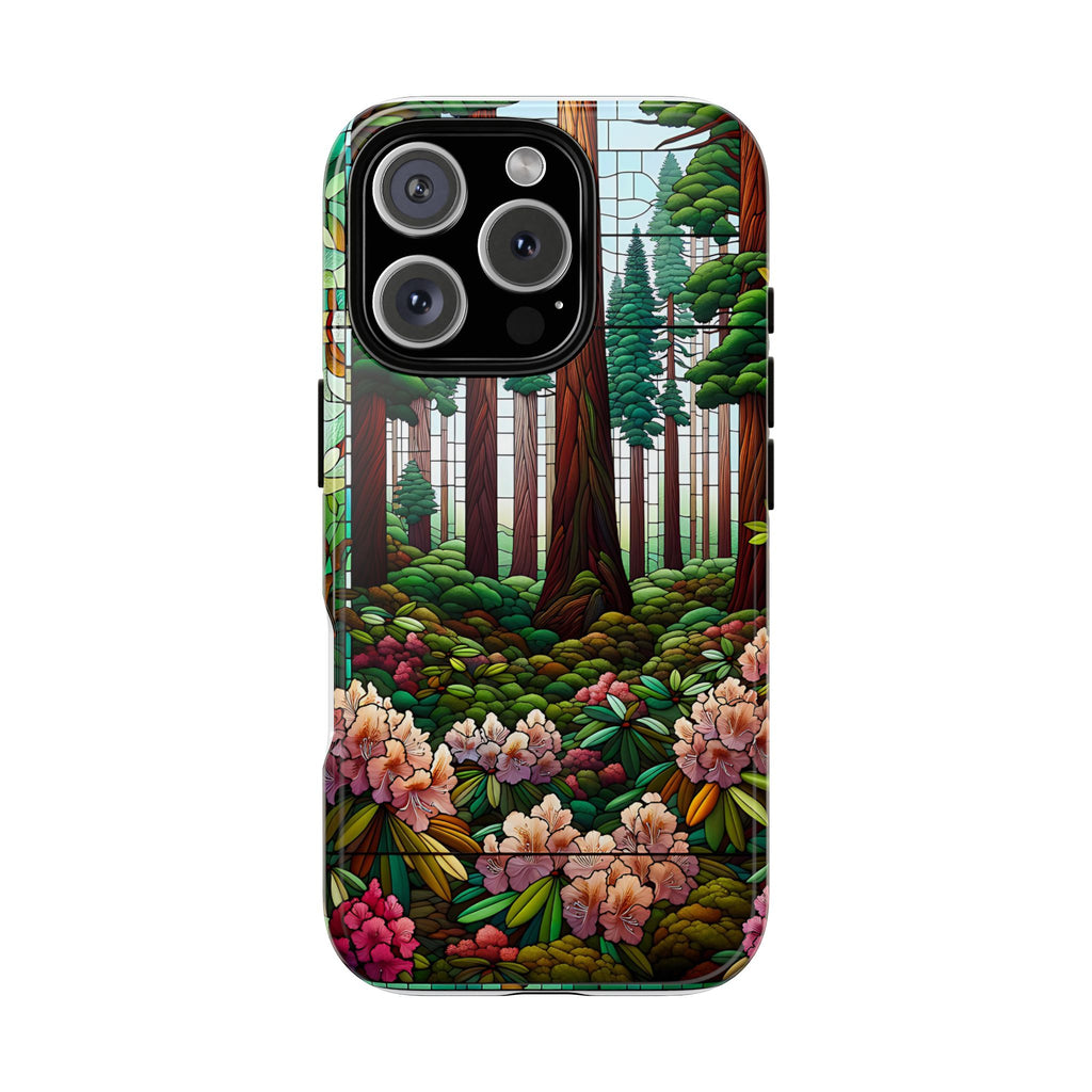 Nature Inspired Tough Cases - Redwood Trees & Rhododendrons Stained Glass iPhone Cover, Protective Phone Shell, Unique Samsung Galaxy Case,