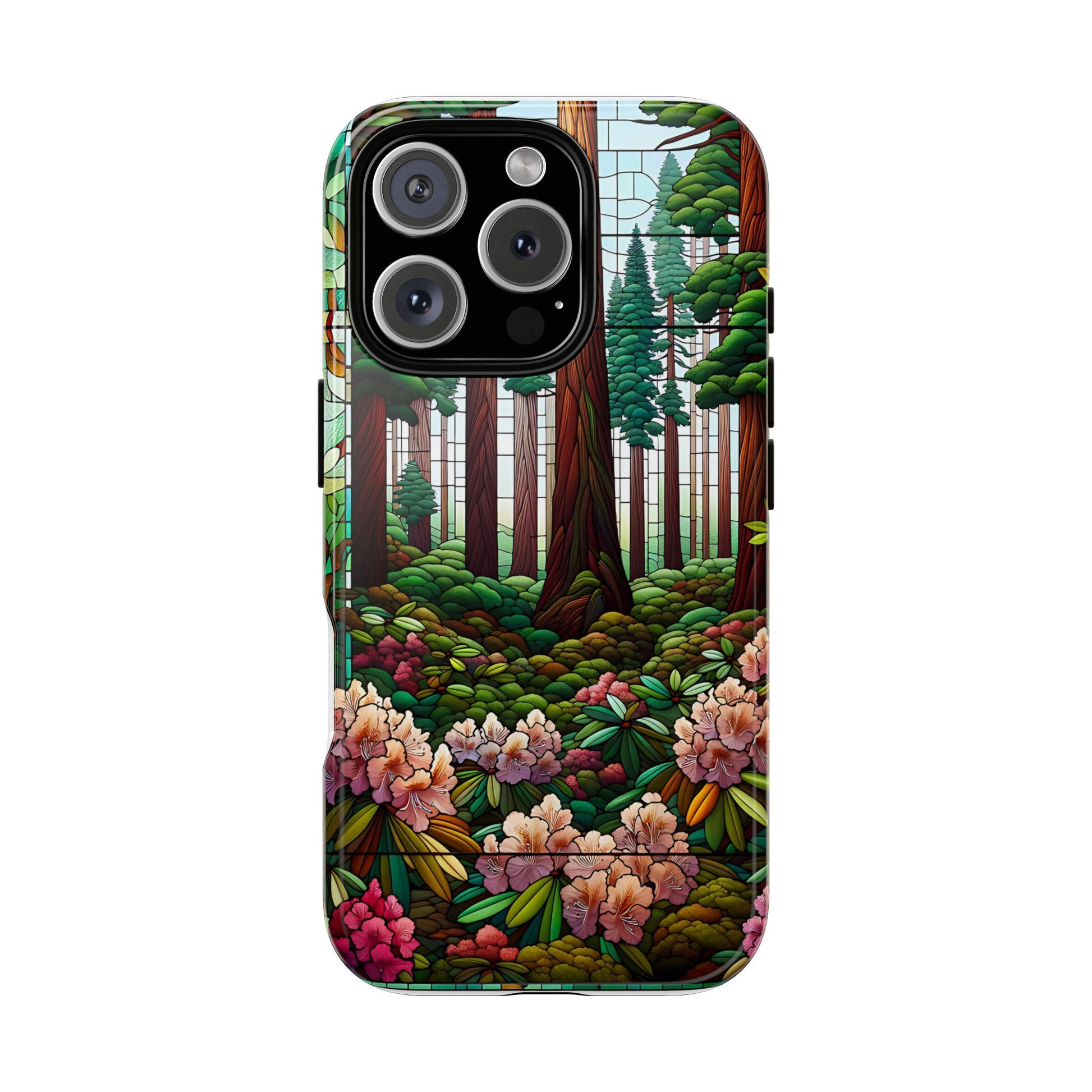 Nature Inspired Tough Cases - Redwood Trees & Rhododendrons Stained Glass iPhone Cover, Protective Phone Shell, Unique Samsung Galaxy Case,