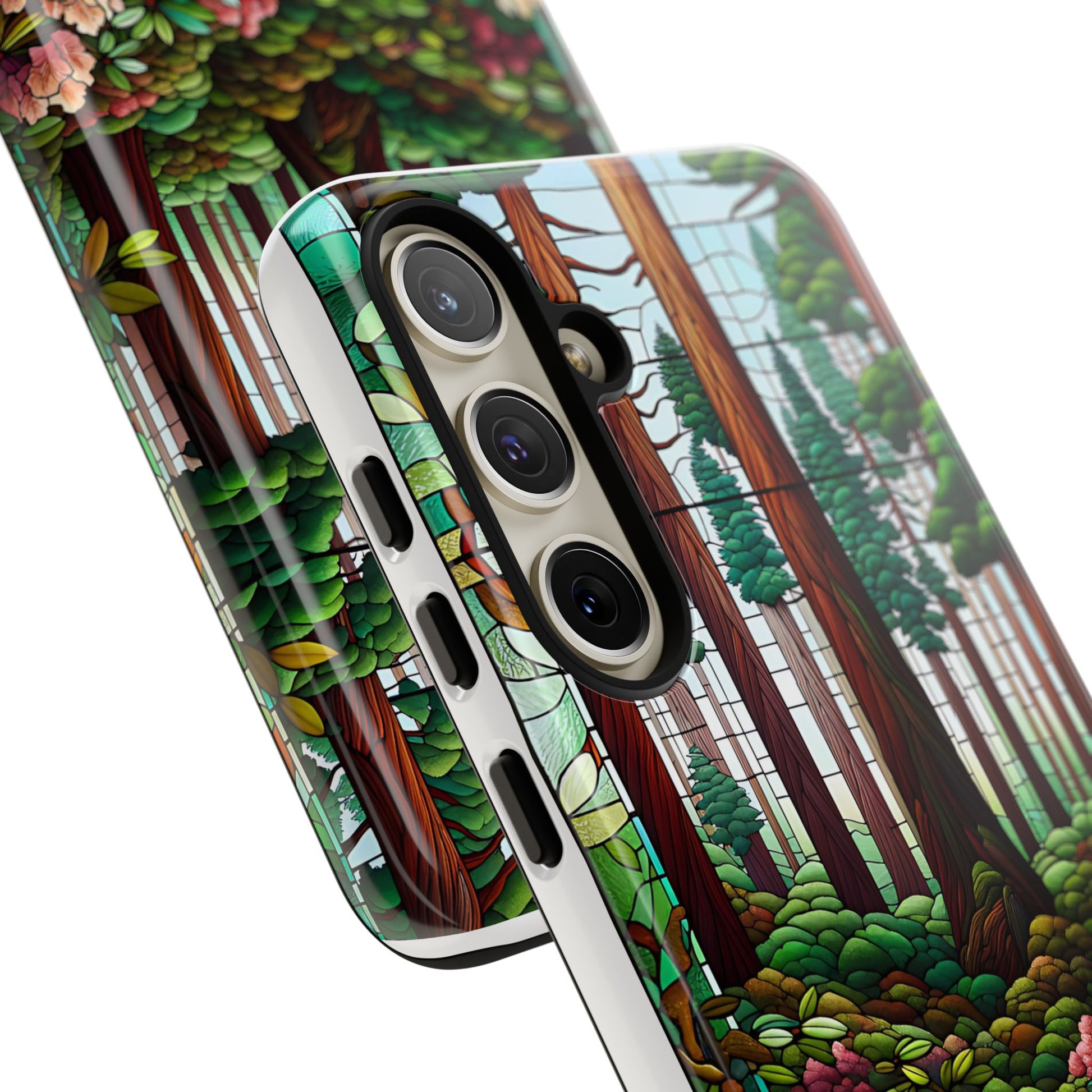 Nature Inspired Tough Cases - Redwood Trees & Rhododendrons Stained Glass iPhone Cover, Protective Phone Shell, Unique Samsung Galaxy Case,
