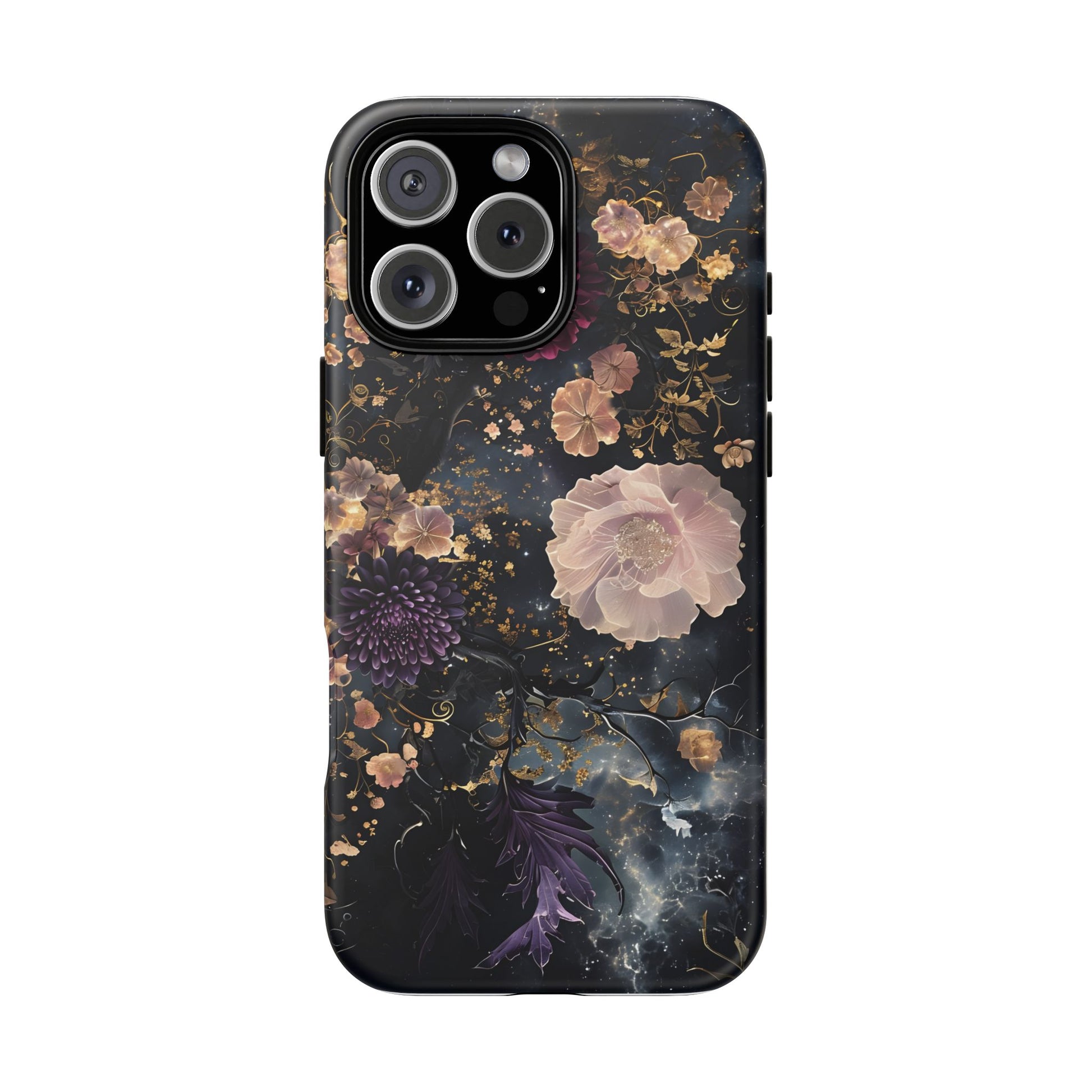 Phone Case, Whimsical Floral Pattern Against Cosmic Nebulous Background. Galaxy, Space, Tough Protective Cover, Unique Gift, Trendy