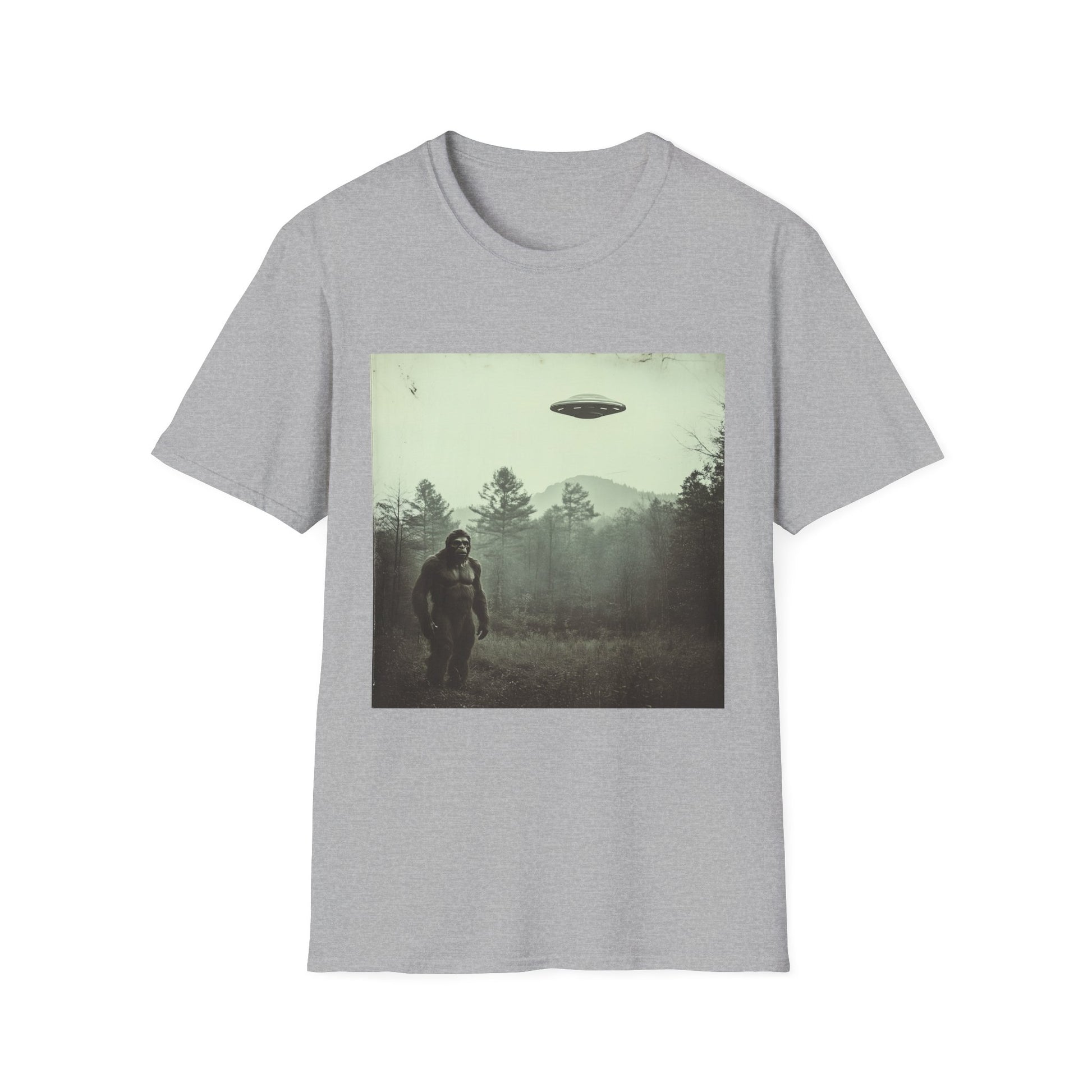 Bigfoot & UFO Unisex T-Shirt, Sasquatch Alien Tee, Cryptid Spaceship Shirt, Extraterrestrial Fantasy Clothing, Funny Yeti Top