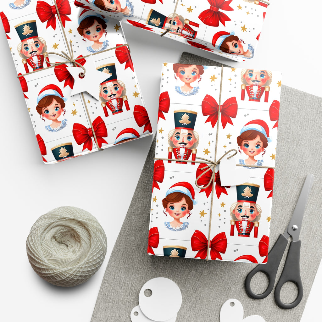 Wrapping Paper, Festive Cartoon Nutcracker And Clara Pattern With Bows - Gift Wrap Rolls, Eco-Friendly Gift Wrap, Holiday Season Wrapping