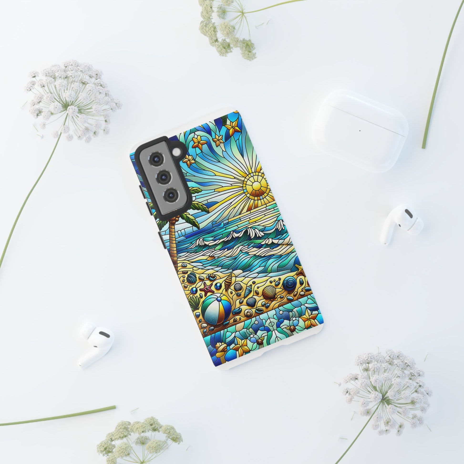 Stained Glass Tough Case, Protective Phone Case, Nature Inspired Smartphone Case, Summer Beach Play Day Phone Cover, Tough Phone Case for