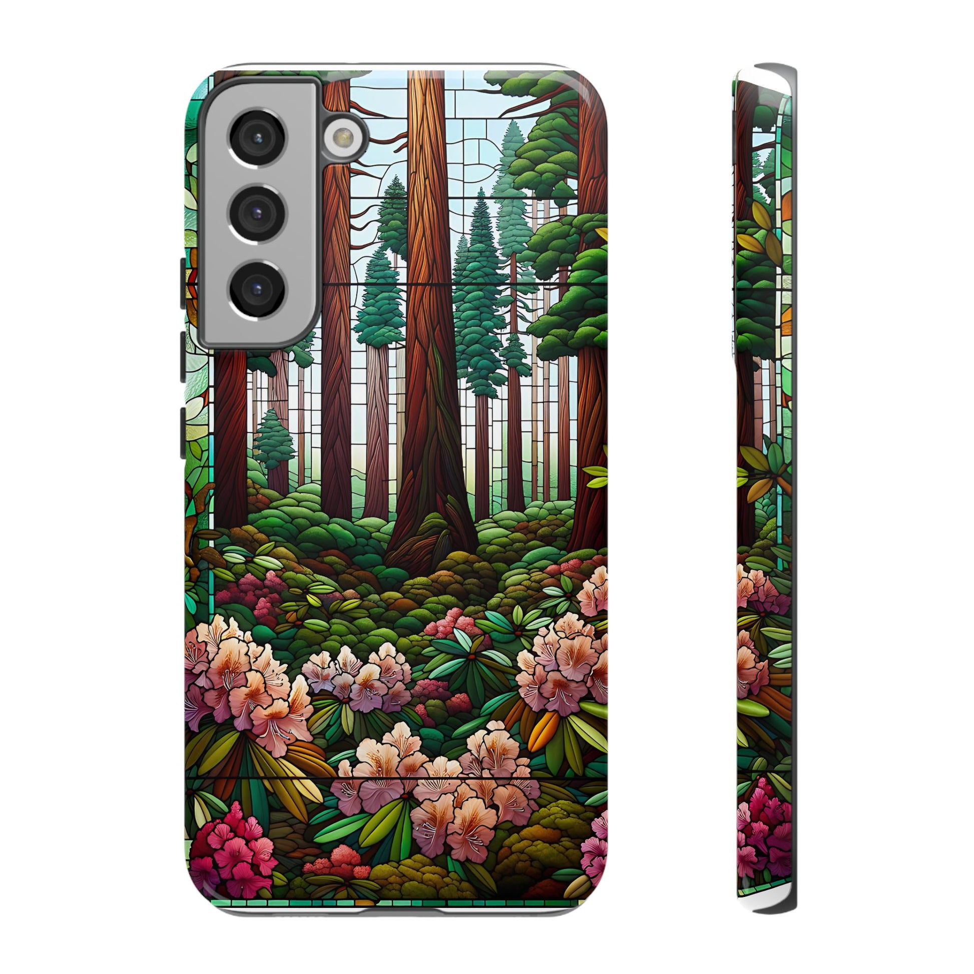 Nature Inspired Tough Cases - Redwood Trees & Rhododendrons Stained Glass iPhone Cover, Protective Phone Shell, Unique Samsung Galaxy Case,