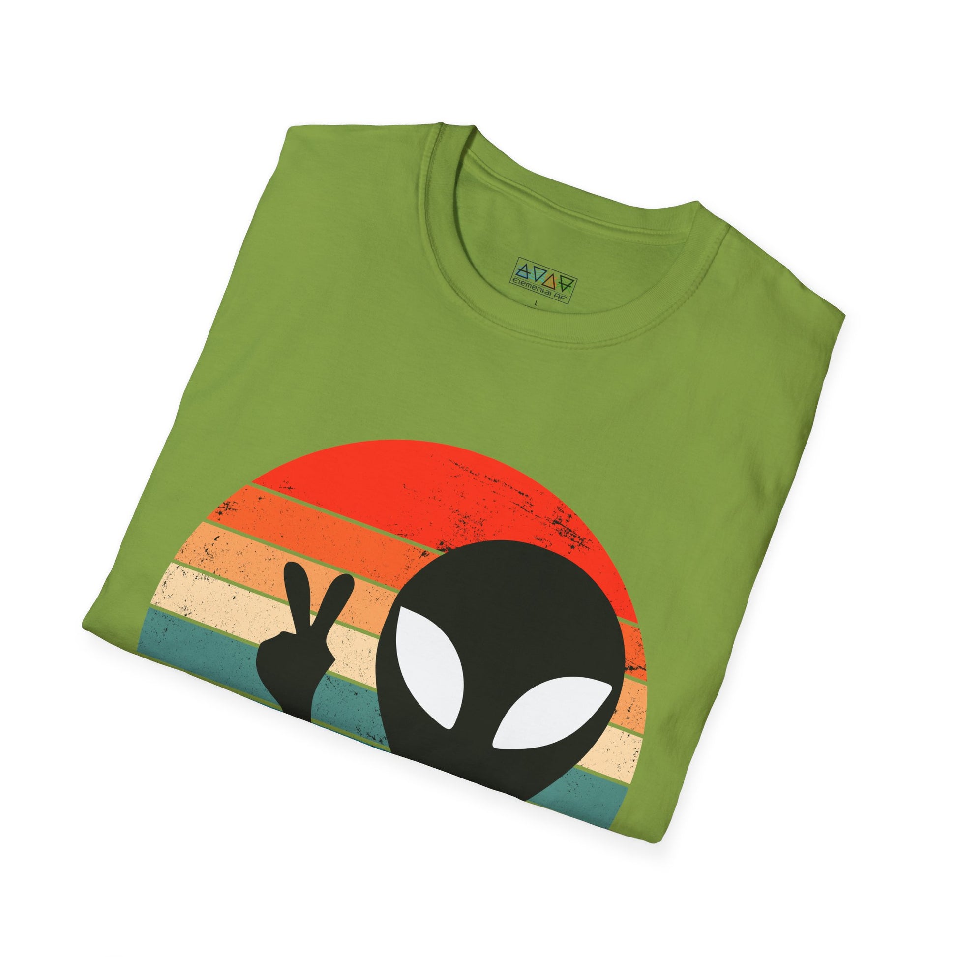 Retro Alien Vibes Unisex Softstyle T-Shirt, Cute Graphic Tee for Casual Wear, Fun Gift for Sci-Fi Lovers, Summer Party Shirt, Peace Sign Tee