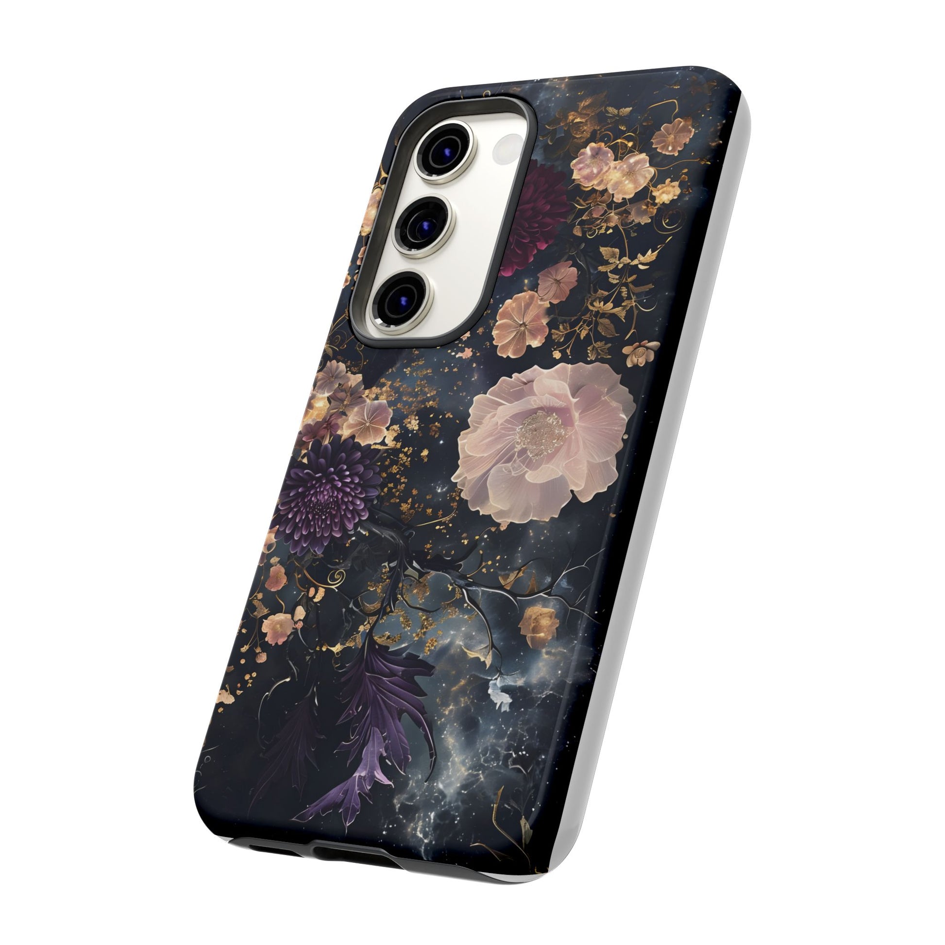 Phone Case, Whimsical Floral Pattern Against Cosmic Nebulous Background. Galaxy, Space, Tough Protective Cover, Unique Gift, Trendy