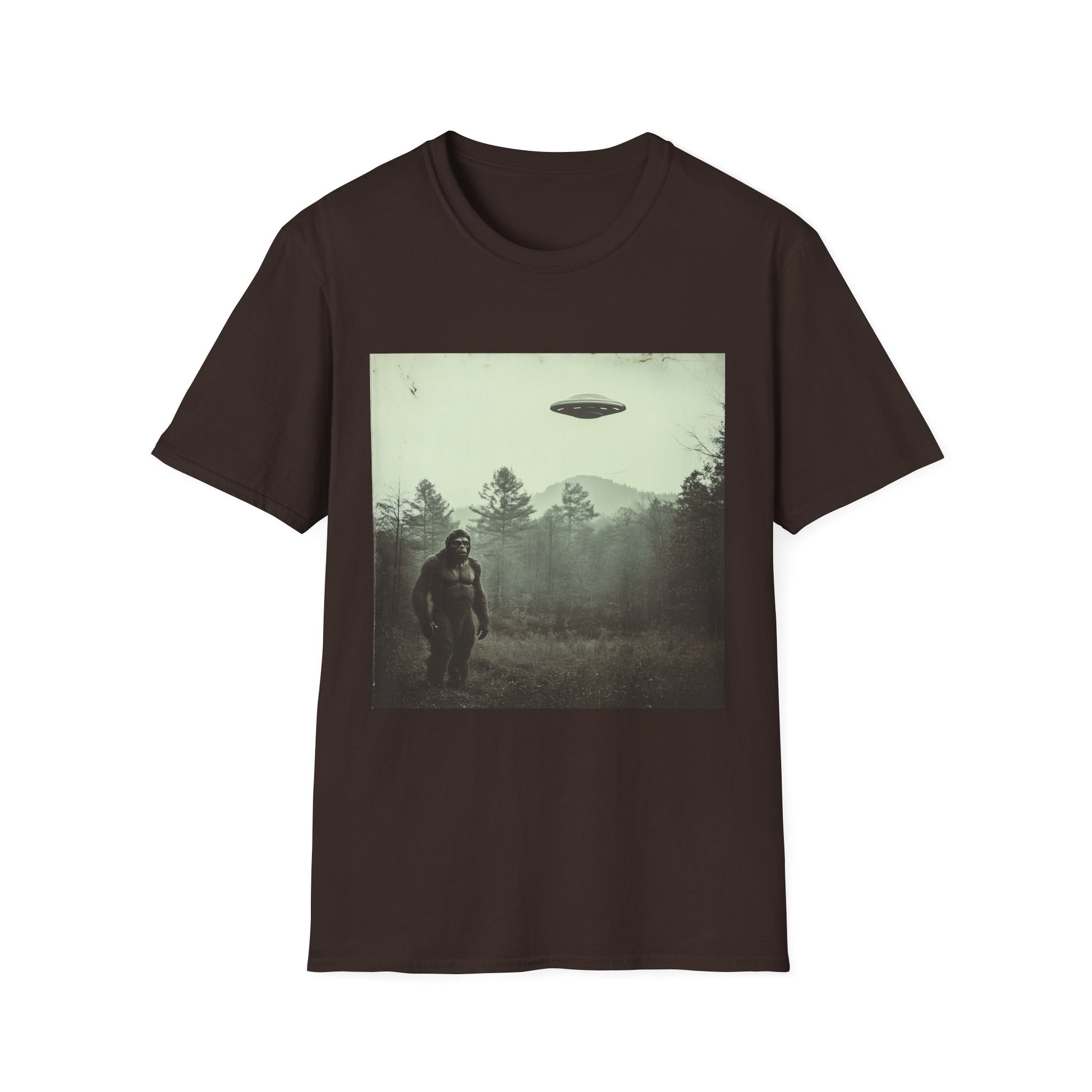 Bigfoot & UFO Unisex T-Shirt, Sasquatch Alien Tee, Cryptid Spaceship Shirt, Extraterrestrial Fantasy Clothing, Funny Yeti Top