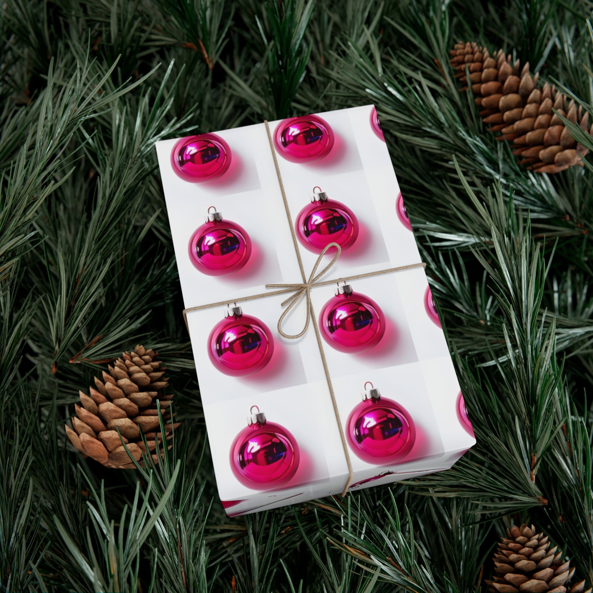 Wrapping Paper, Hot Pink Christmas Ornaments On White Background - Gift Wrap Rolls, Eco-Friendly Gift Wrap, Holiday