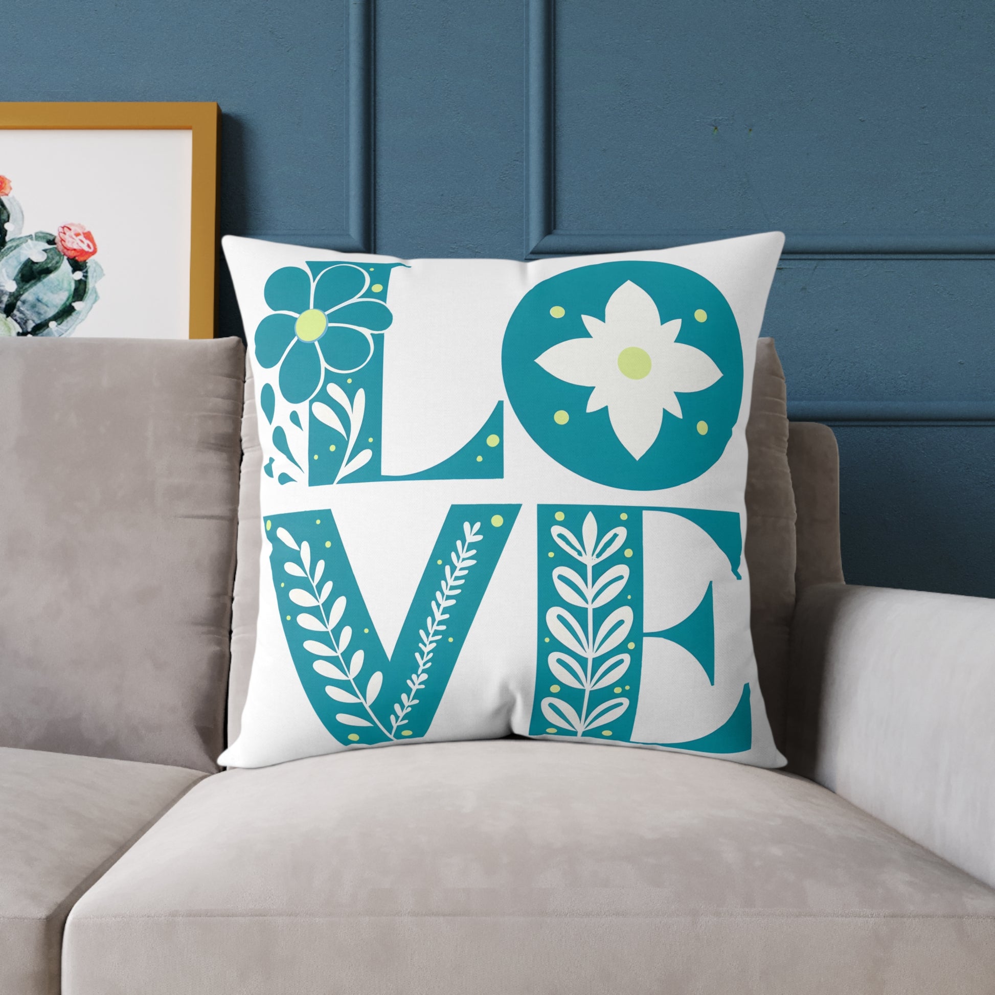 Pillow, Bold 3D Love Typography Surrounded By Nature, Square Poly Canvas Pillow, Home Decor, Gift for Her, Modern Cushion Cover, Love Quote