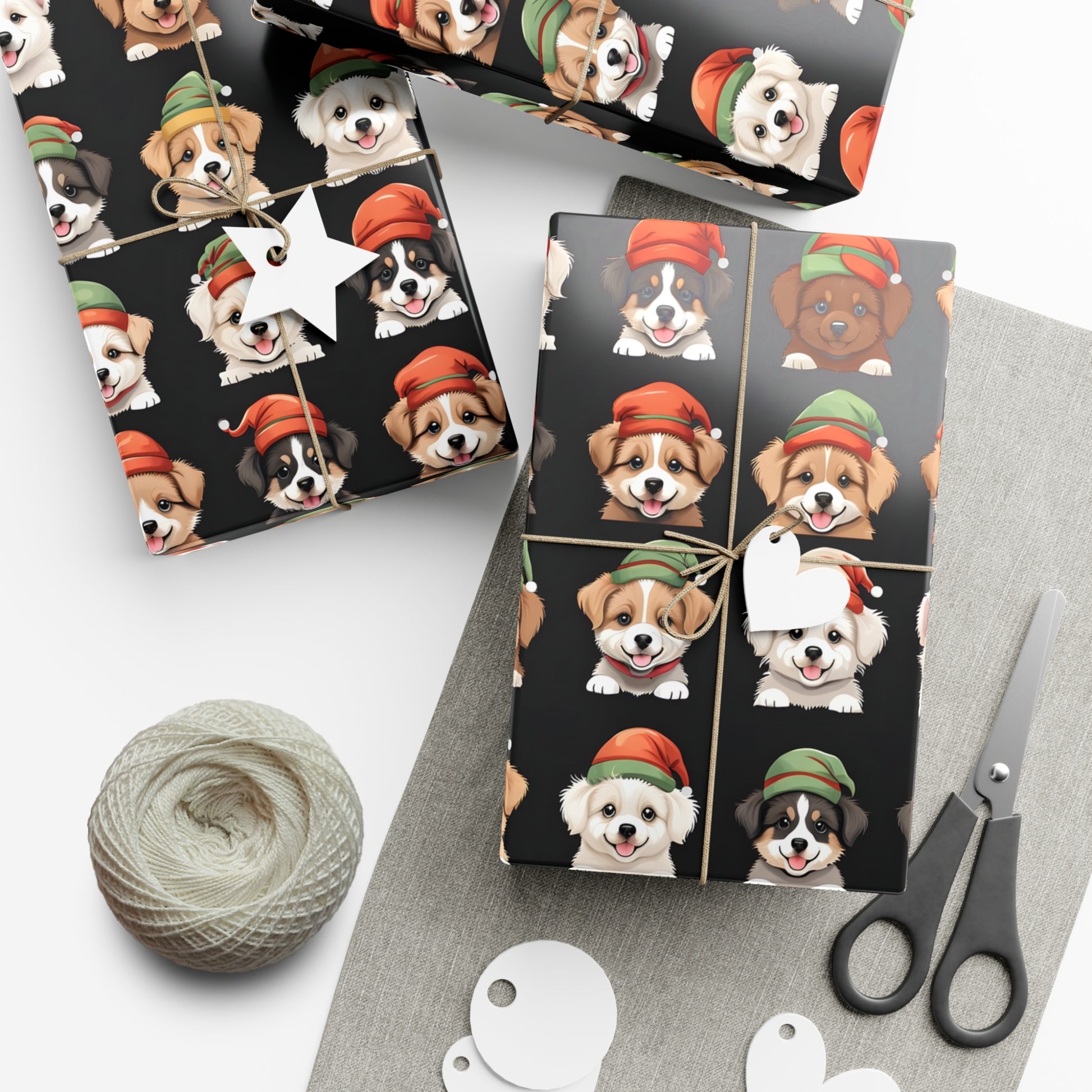 Cute Puppies Elf Caps Gift Wrap Papers - Festive Christmas Wrapping Paper Roll, Holiday Gift Packaging, Adorable Dog Lover Gift Wrap, Pet