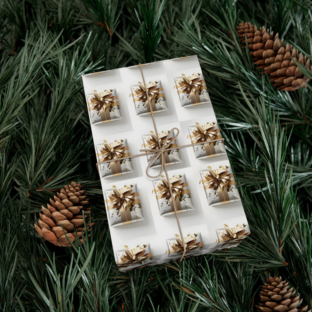 Wrapping Paper, Elegantly Wrapped Gifts On White Background with Gold Bows, Christmas Wrapping, Gift Packaging, Festive Decor, Holiday Gift
