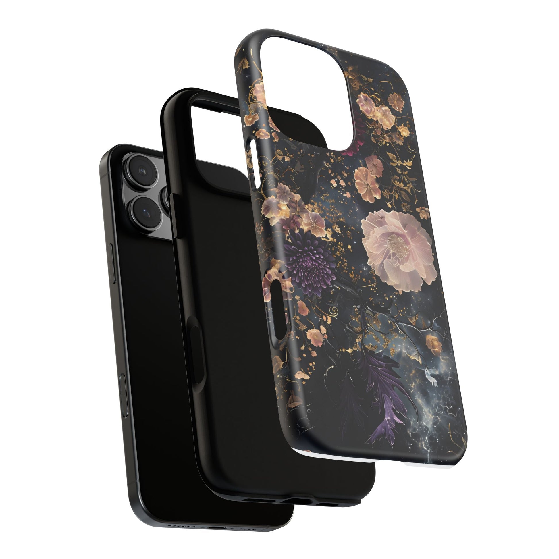 Phone Case, Whimsical Floral Pattern Against Cosmic Nebulous Background. Galaxy, Space, Tough Protective Cover, Unique Gift, Trendy