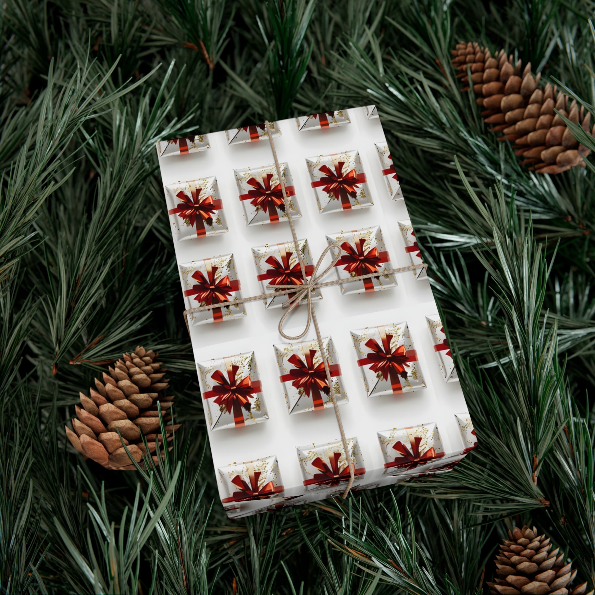 Wrapping Paper, Elegantly Wrapped Gifts On White Background with Red Bows - Gift Wrap Rolls, Eco-Friendly Gift Wrap, Holiday Season Wrapping