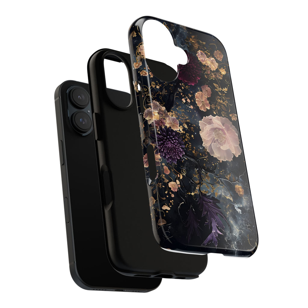 Phone Case, Whimsical Floral Pattern Against Cosmic Nebulous Background. Galaxy, Space, Tough Protective Cover, Unique Gift, Trendy